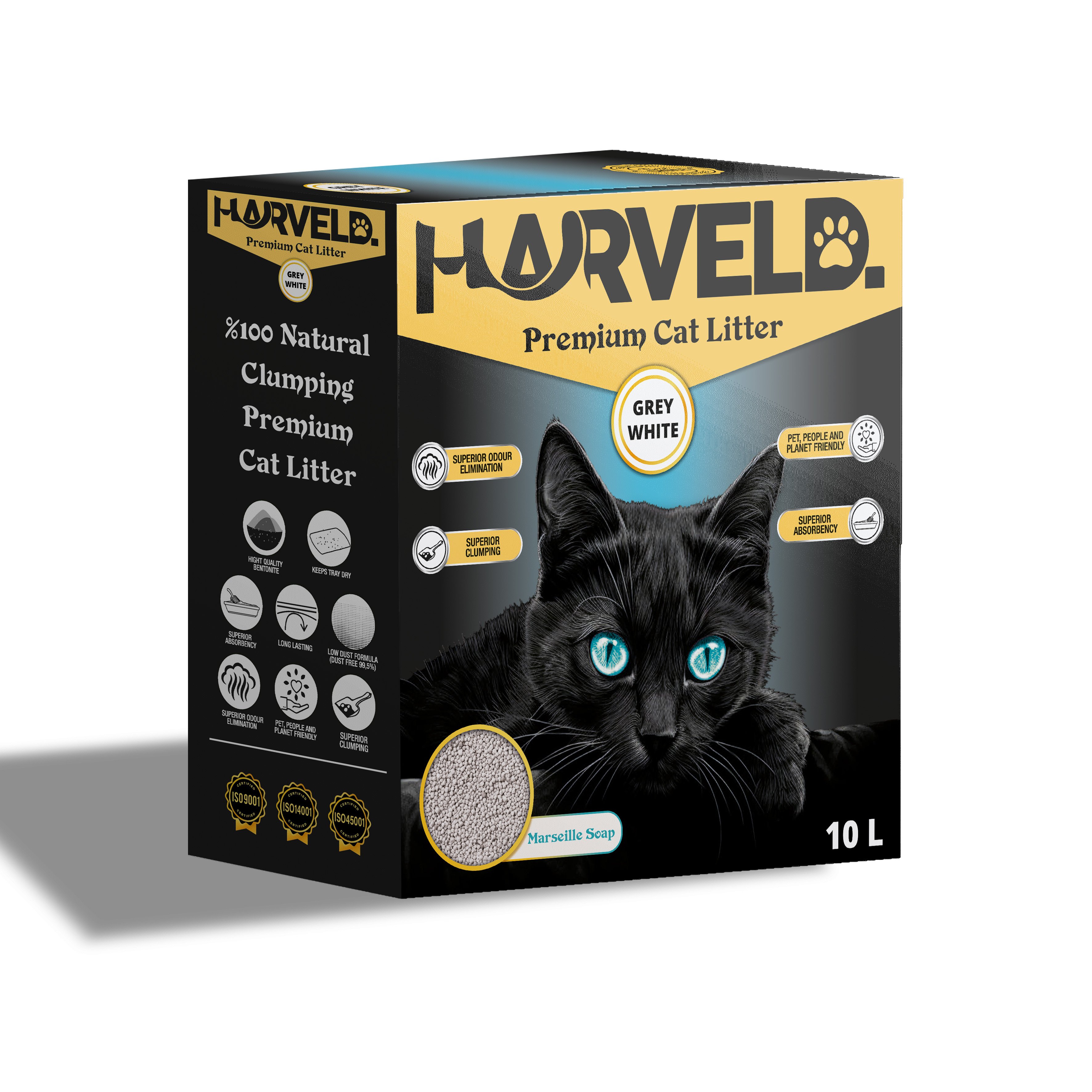 Harveld Grey White Marsilya Sabunu Kokulu Topaklanan, Kokulu ve Tozsuz Bentonit Kedi Kumu Kutulu - 10 Litre