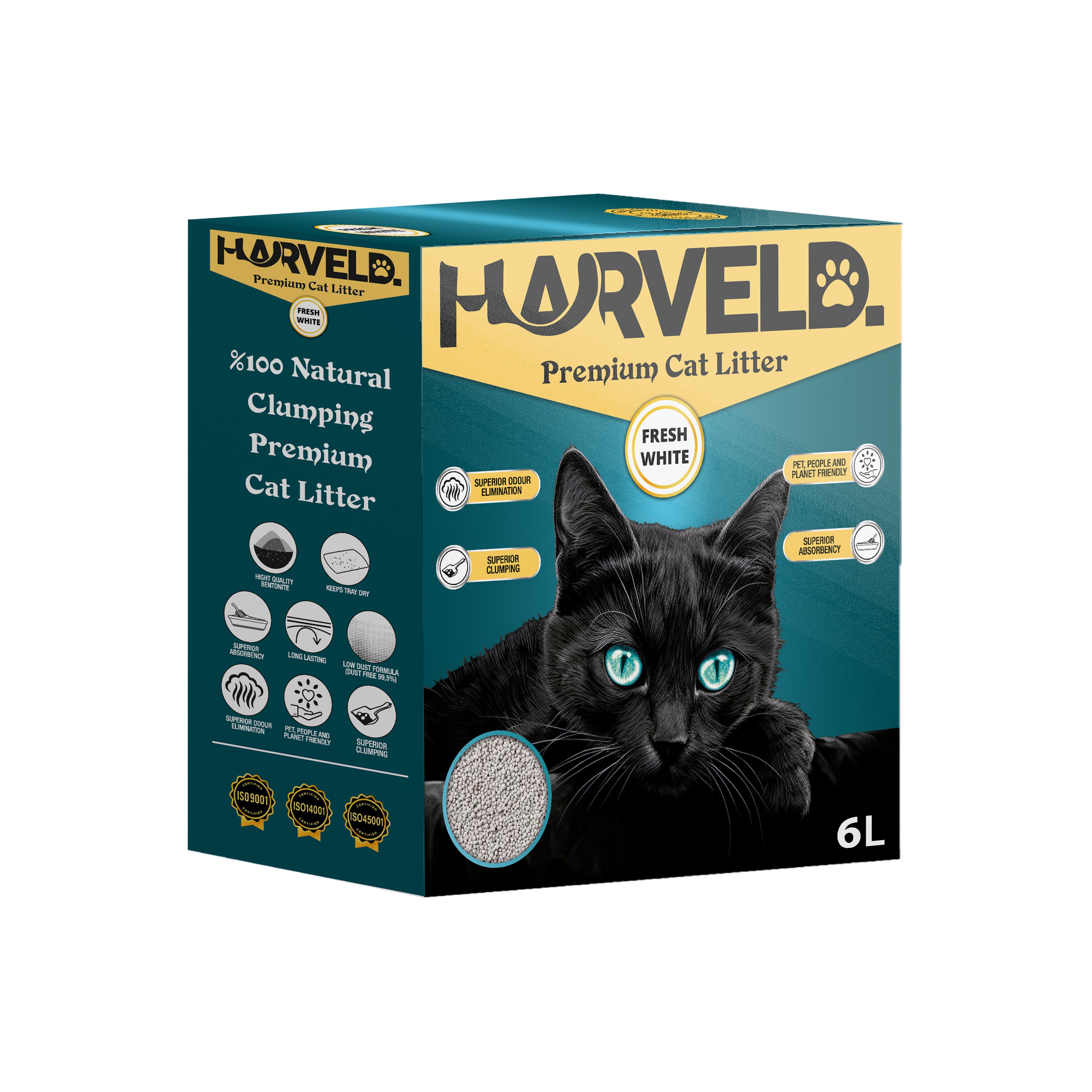 Harveld Fresh White Topaklanan, Kokusuz ve Tozsuz Bentonit Kedi Kumu Kutulu - 6 Litre