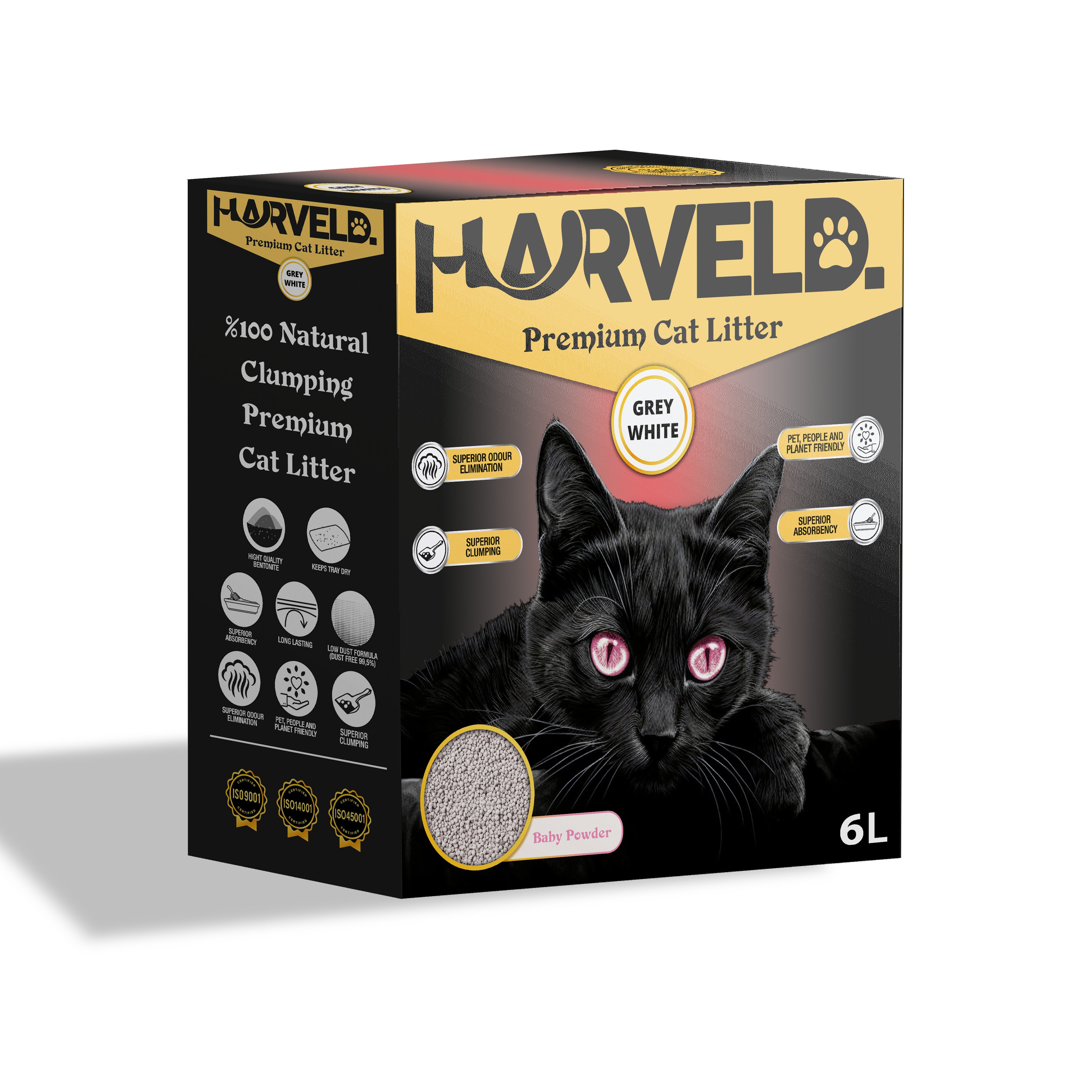 Harveld Grey White Bebek Pudrası Kokulu Topaklanan, Kokulu ve Tozsuz Bentonit Kedi Kumu Kutulu - 6 Litre
