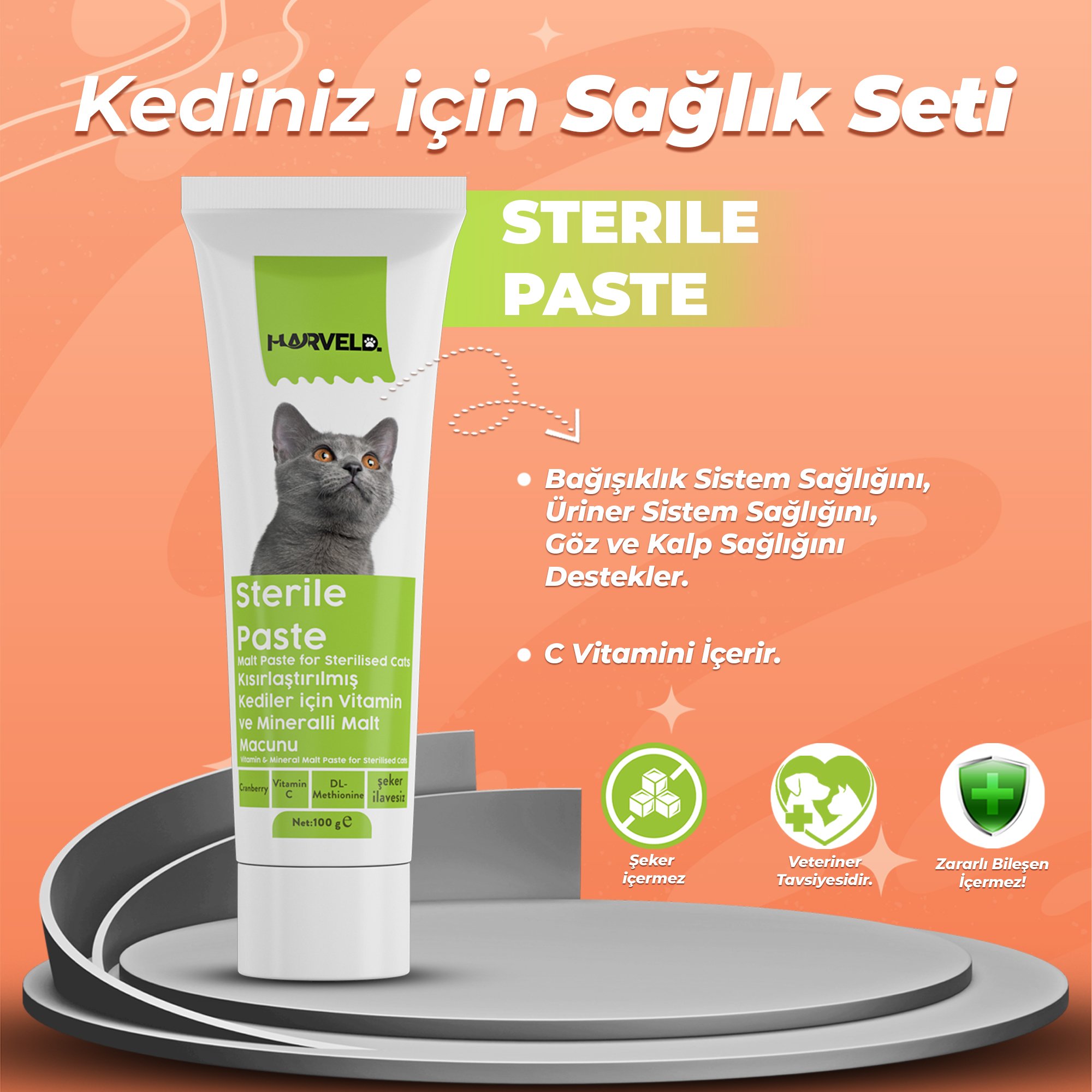 Harveld Kısırlaştırılmış Kediniz İçin Bağışıklık Güçlendirici ve Tüy ve Deri Desteği Tam Bakım Seti:  Sterile Paste + Plus B Damla