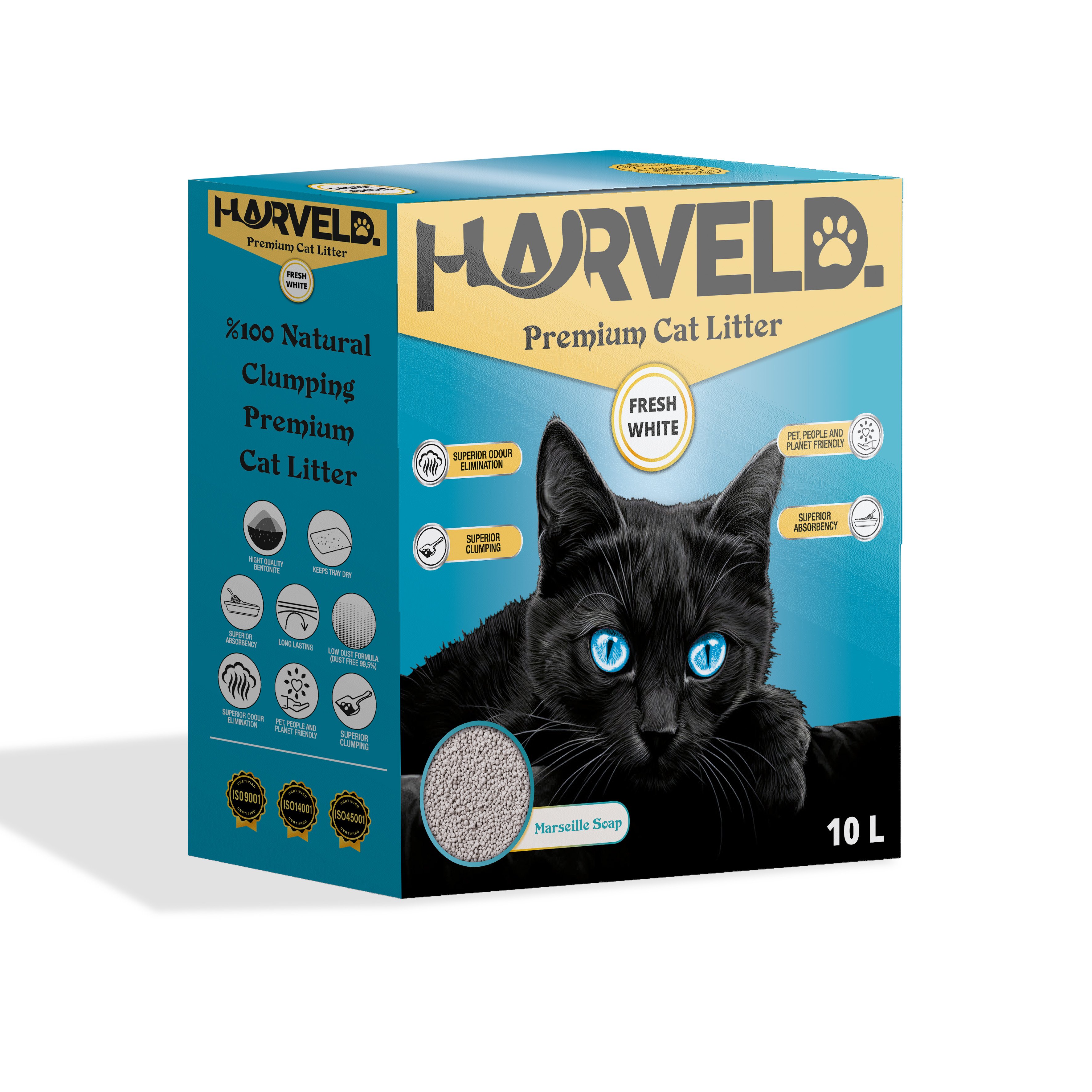Harveld Fresh White Marsilya Sabunu Kokulu Topaklanan ve Tozsuz Bentonit Kedi Kumu Kutulu - 10 Litre