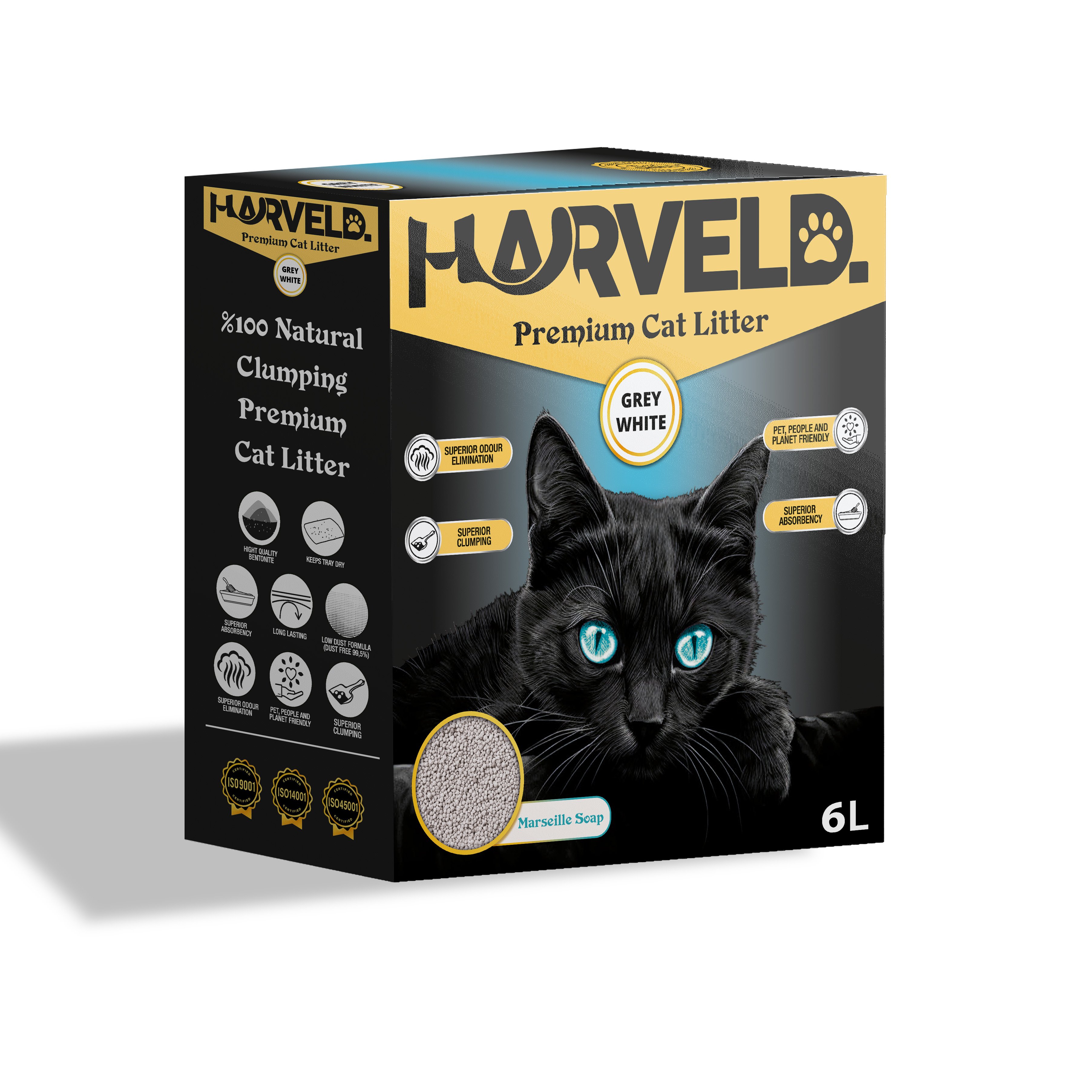 Harveld Grey White Marsilya Sabunu Kokulu Topaklanan, Kokulu ve Tozsuz Bentonit Kedi Kumu Kutulu - 6 Litre