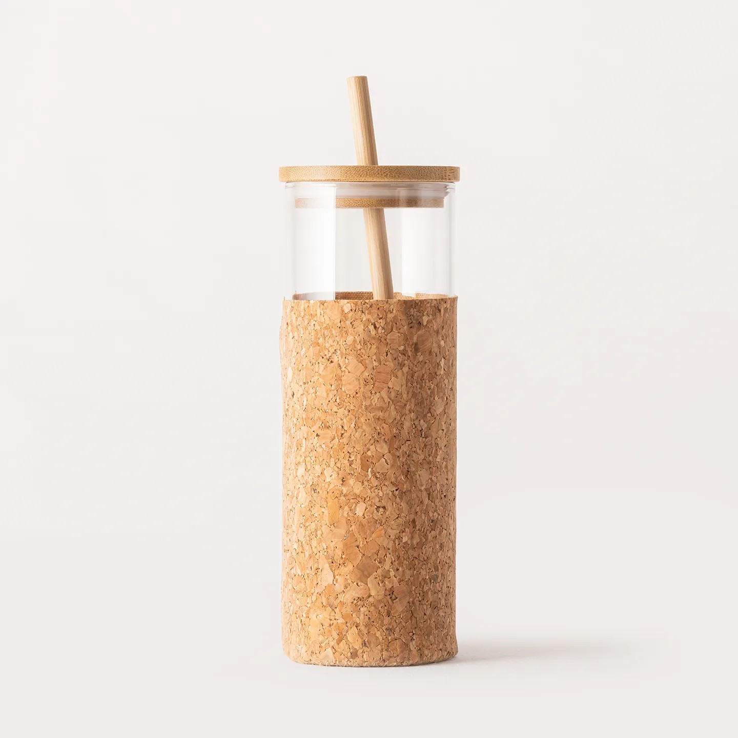 450 ml Mantar Kılıflı Borosilikat Cam Su Şişesi - Bambu Kapak ve Pipetli
