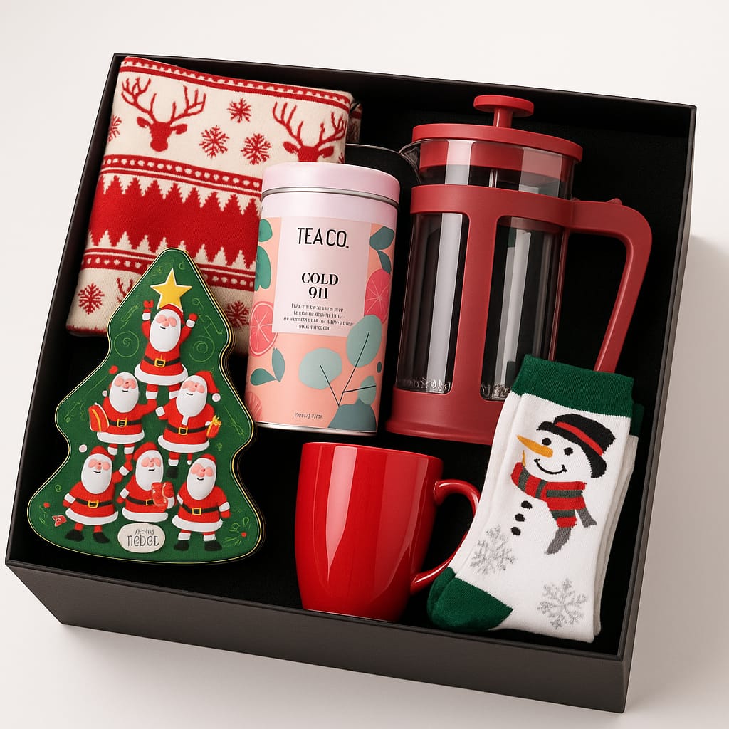 Yılbaşı Battaniyesi Kupa French Press Bitki Çayı Çikolata Yılbaşı Çorabı Kurumsal Hediye Kutusu