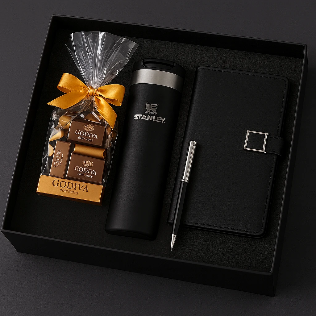 Stanley Termos Godiva Napoliten Ajanda Kalem Logo Baskılı Premium Kurumsal Hediye Kutusu