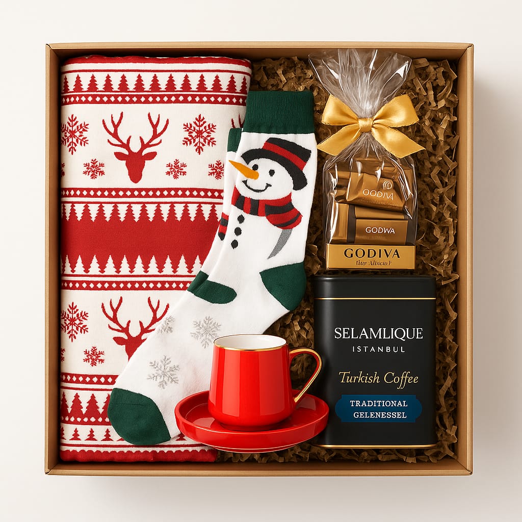 Yılbaşı Battaniyesi Godiva Napoliten Çikolata Yılbaşı Çorabı Selamlique Türk Kahvesi Fincan Premium Kurumsal Hediye Kutusu