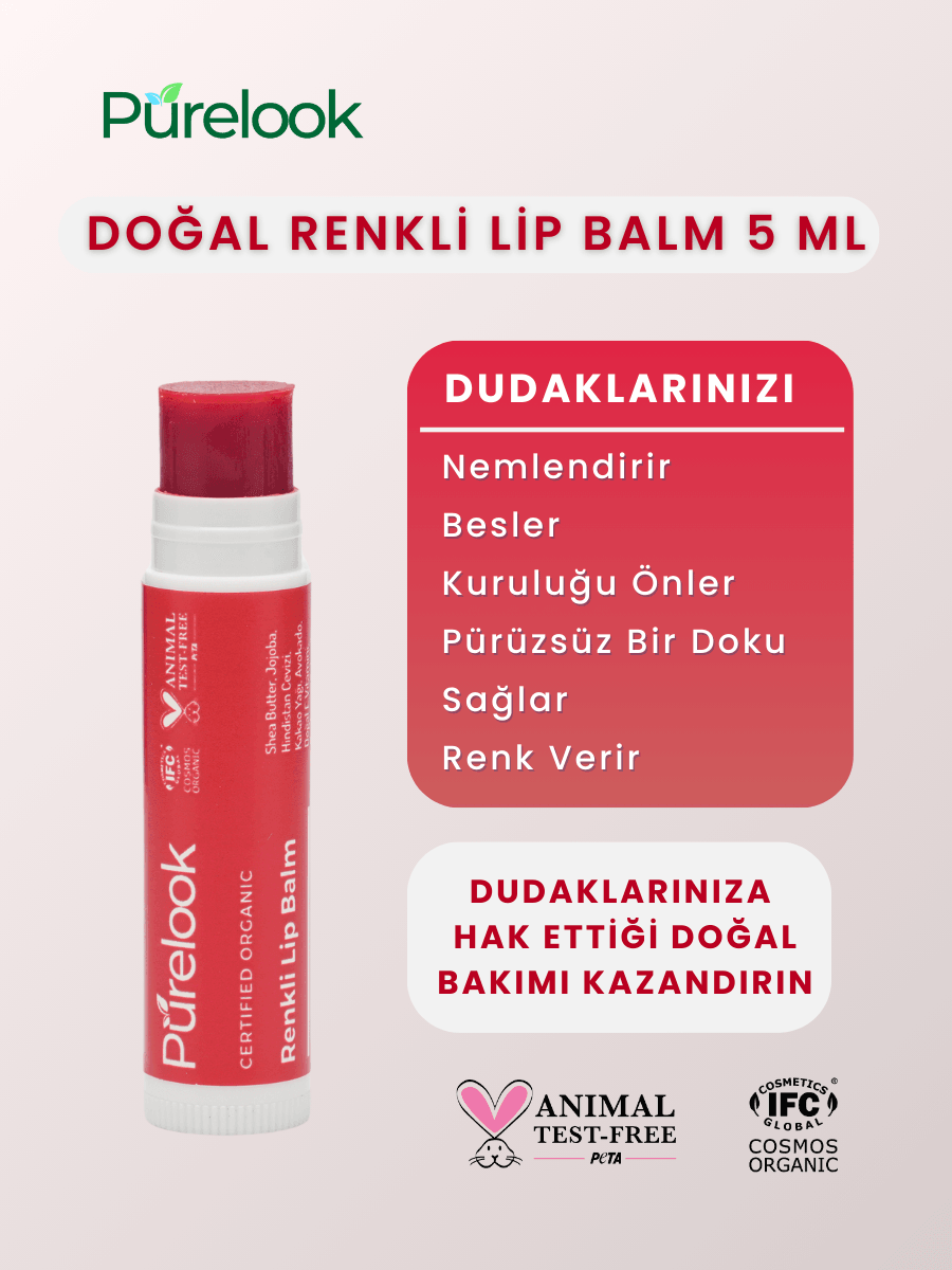 Purelook Organik Sertifikalı Doğal Renkli Dudak Balmı 5ml