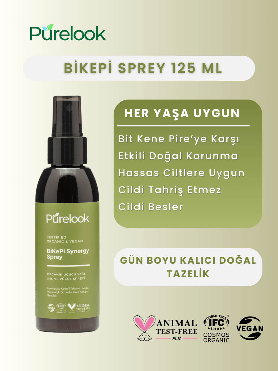 Purelook BiKePi Organik ve Vegan Sertifikalı Bit, Kene ve Pire için Vücut Koruyucu Sprey 125ml. 