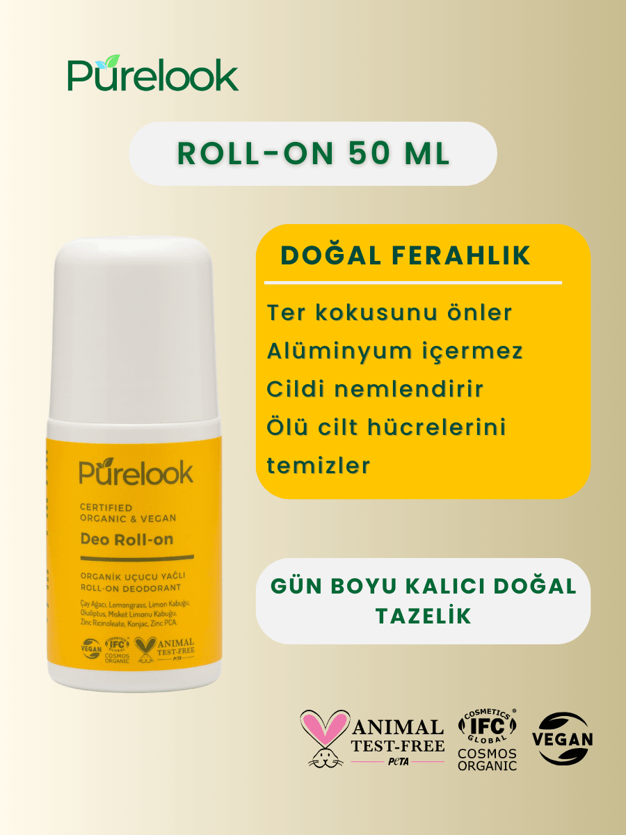 Purelook Organik ve Vegan Sertifikalı Kadın ve Erkek için Doğal Roll On Deodorant 50ml.