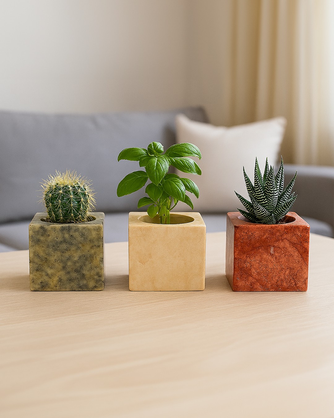 3'lü Doğal Traverten Küp Saksı Seti 10x10 cm | Gri - Bej - Kırmızı Dekoratif Taş Saksılar main variant image