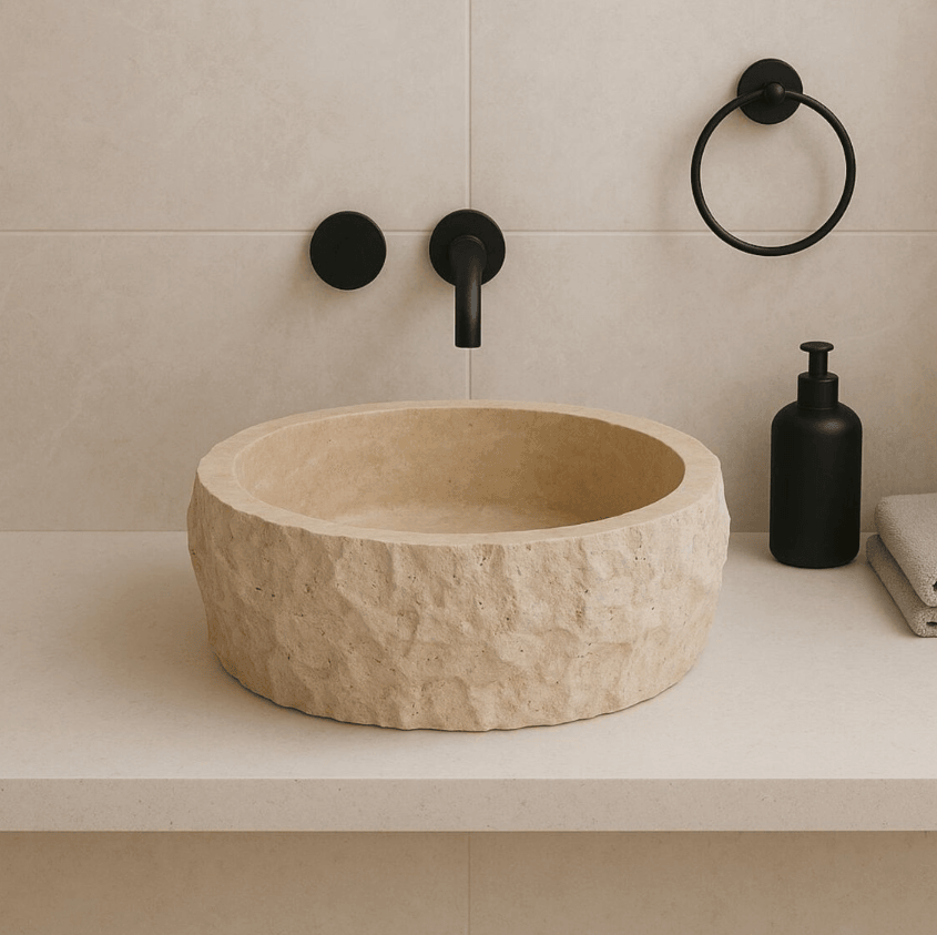Ham Dokulu Yuvarlak Traverten Lavabo