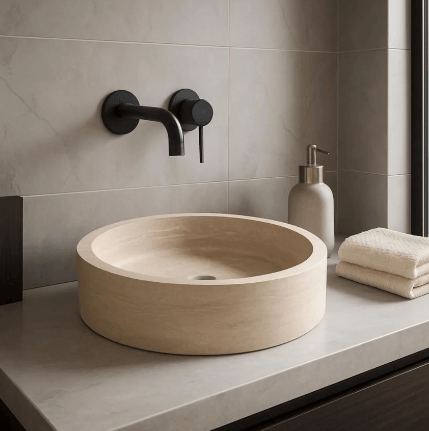 Silindirik Form Düz Yüzey Traverten Lavabo