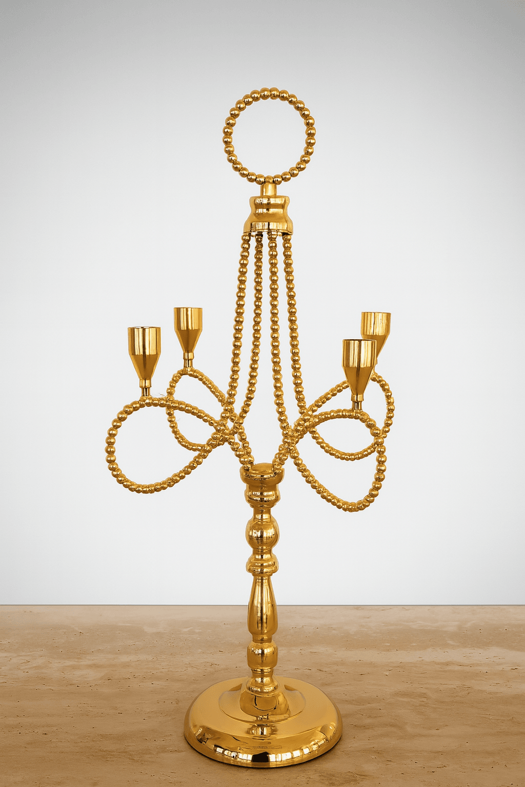 Gold Renk Beş Kollu Metal Şamdan – Modern ve Minimalist Dekoratif Mumluk
