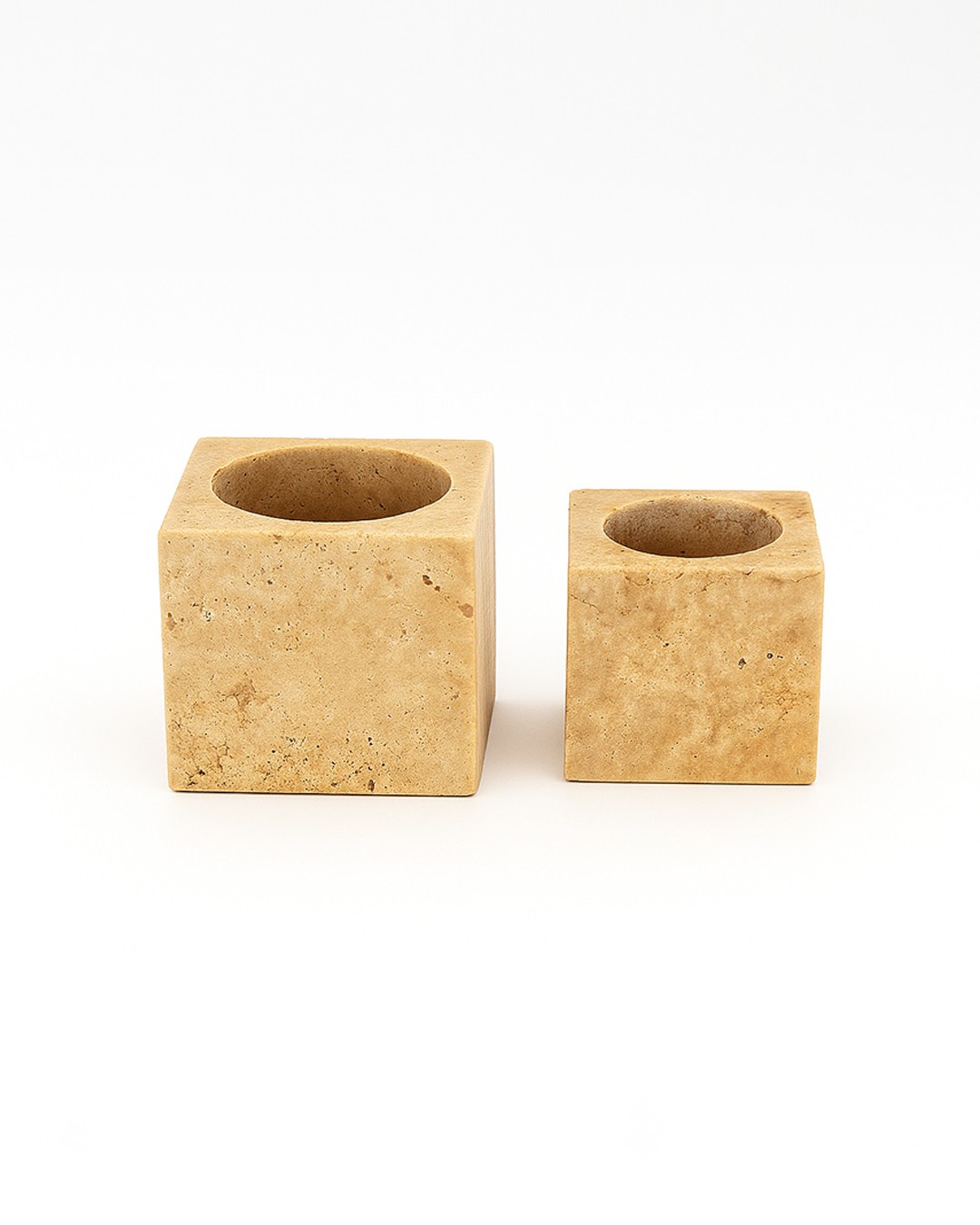 2'li Traverten Küp Saksı Seti 8x8 - 10x10 cm | Doğal Taş Dekoratif Saksı - Bej