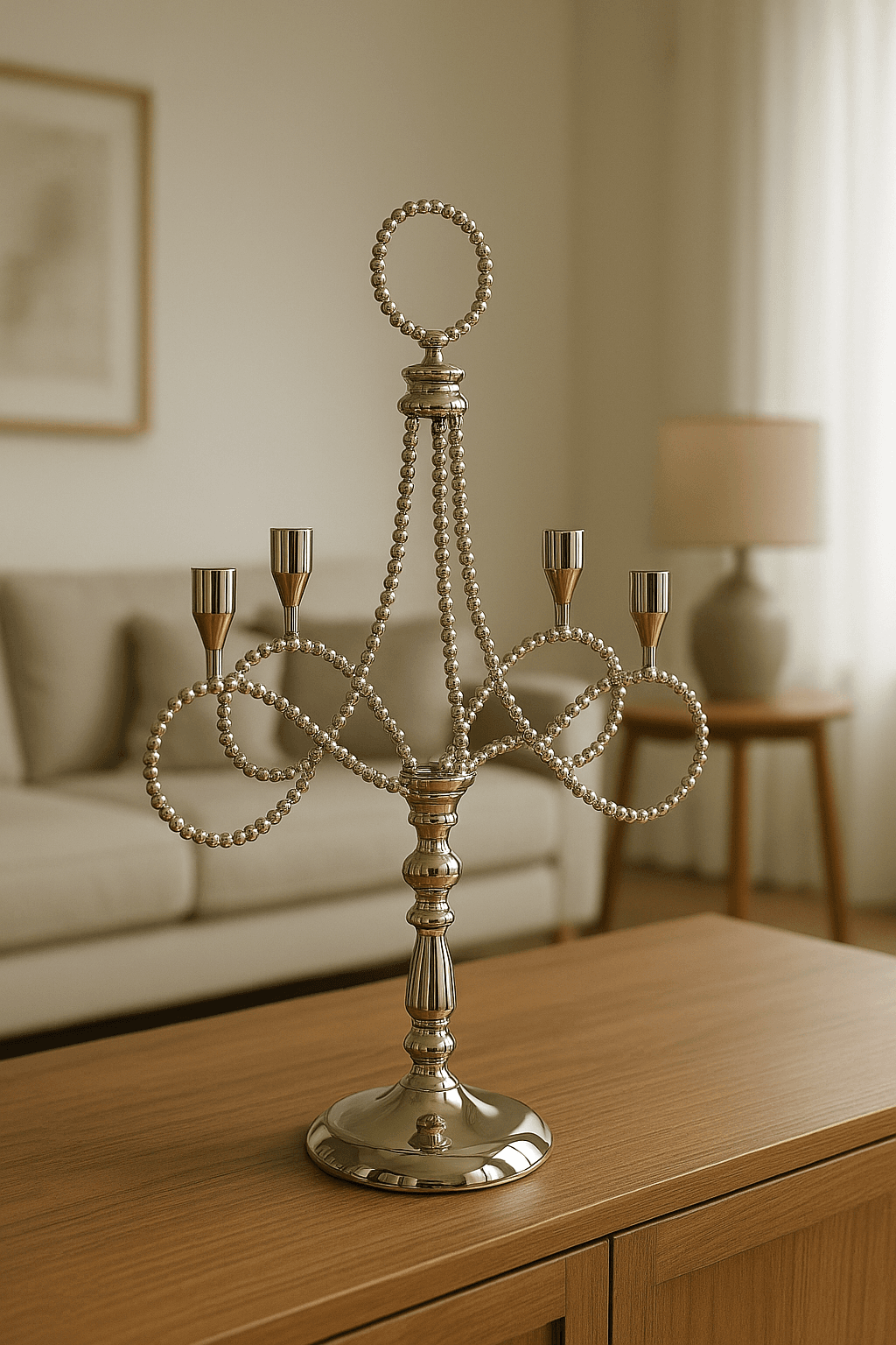 Gümüş Renk 4 Kollu Dikey Metal Şamdan – 51 cm Dekoratif Mumluk