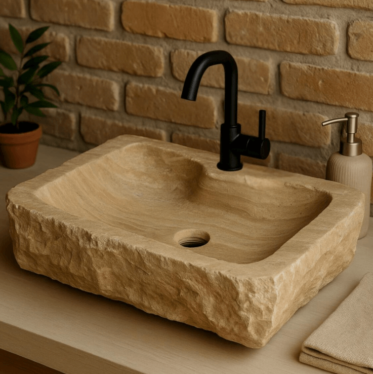 Köşeli Ham Yüzey Traverten Lavabo