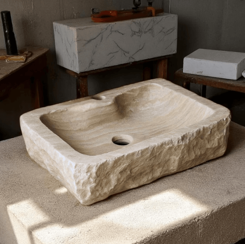 Köşeli Ham Yüzey Traverten Lavabo