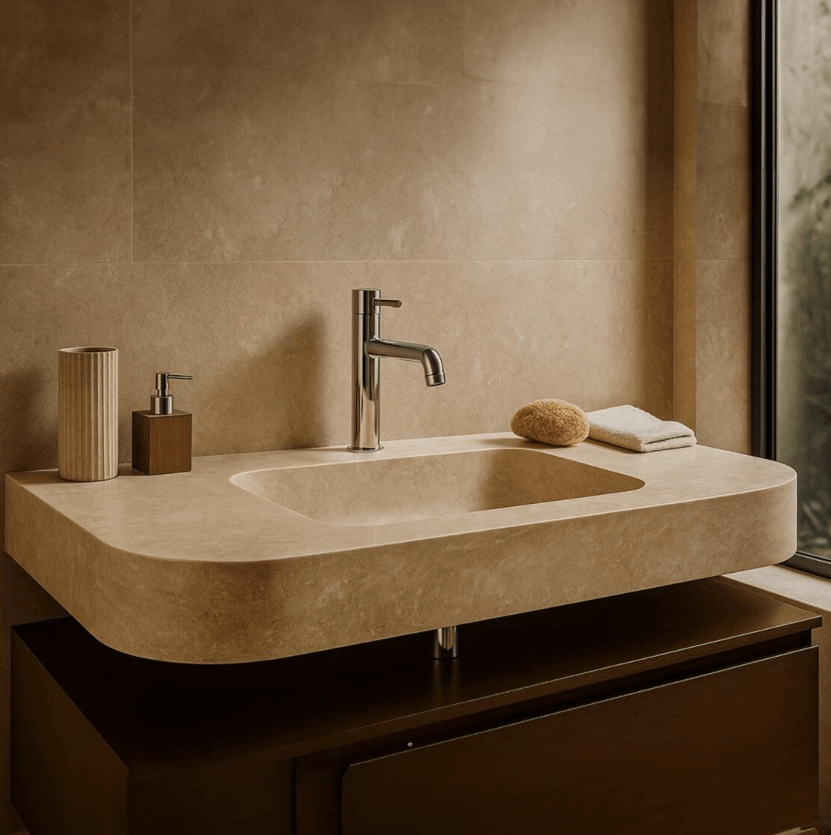 Bej Traverten İnce Form Lavabo Ünitesi