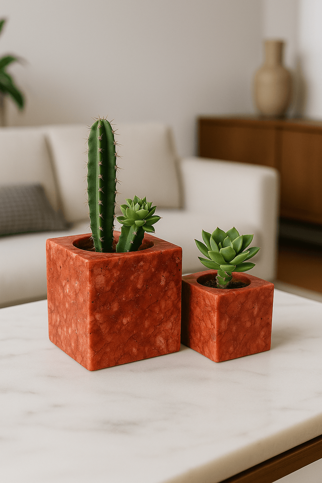 2'li Traverten Küp Saksı Seti 8x8 - 10x10 cm | Doğal Taş Dekoratif Saksı