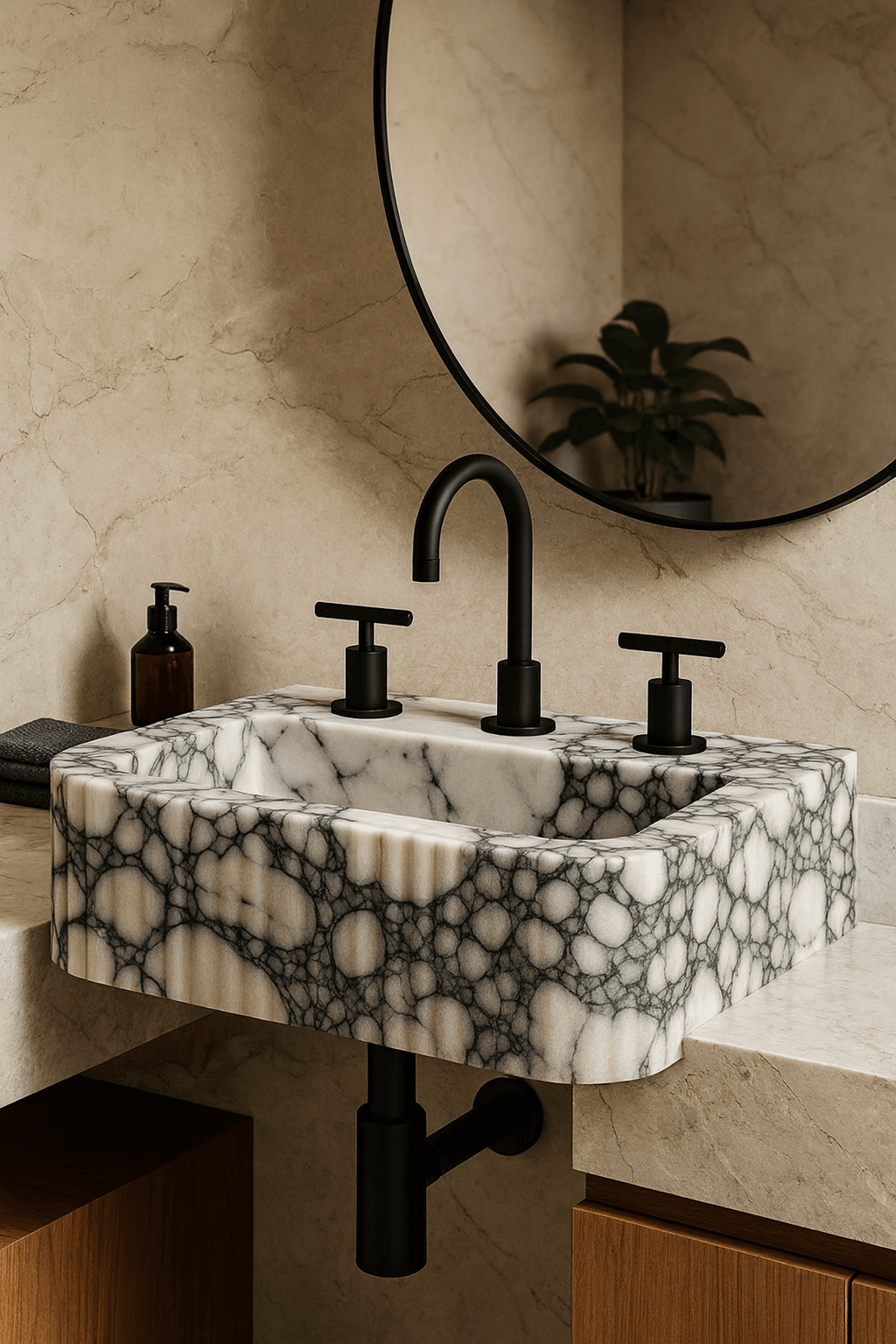 Calacatta Custom Marble Sink, Fluted Design Luxury Bathroom Vanity Sink