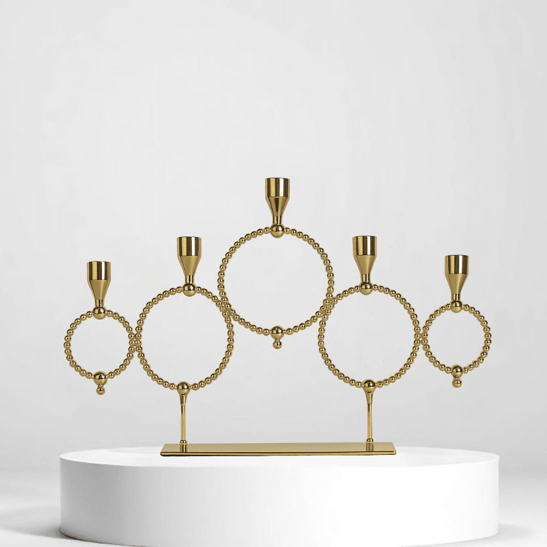 Gold Renk Beş Kollu Metal Şamdan – Modern ve Minimalist Dekoratif Mumluk