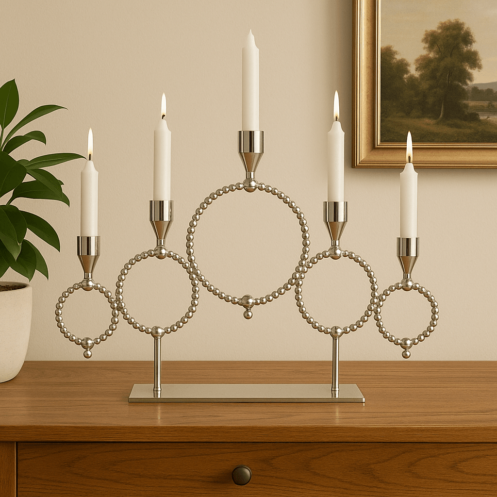 Gümüş Renk Beş Kollu Metal Şamdan – Modern ve Minimalist Dekoratif Mumluk