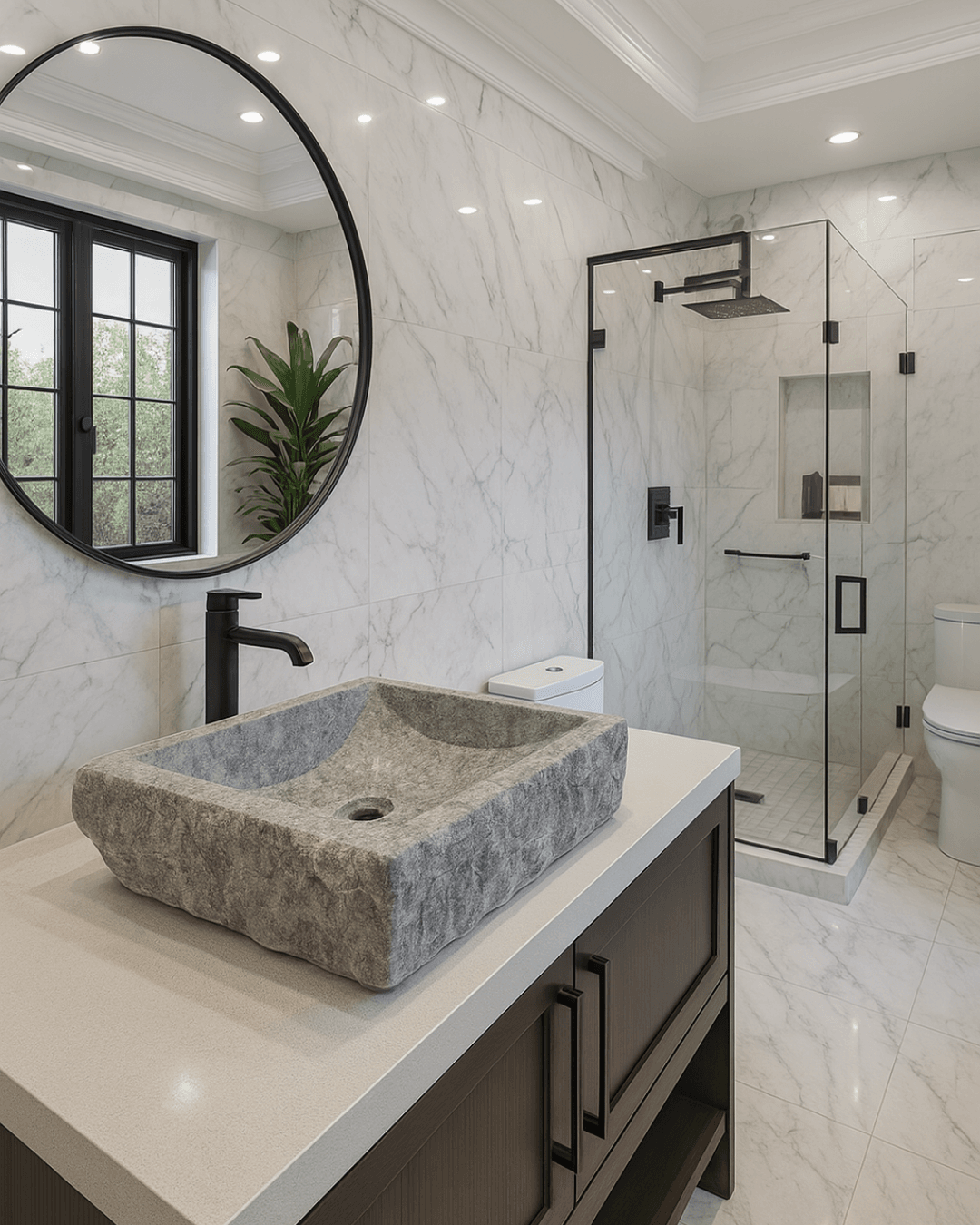 Handmade Grey Travertine Marble Sink – Natural Stone Vanity Sink