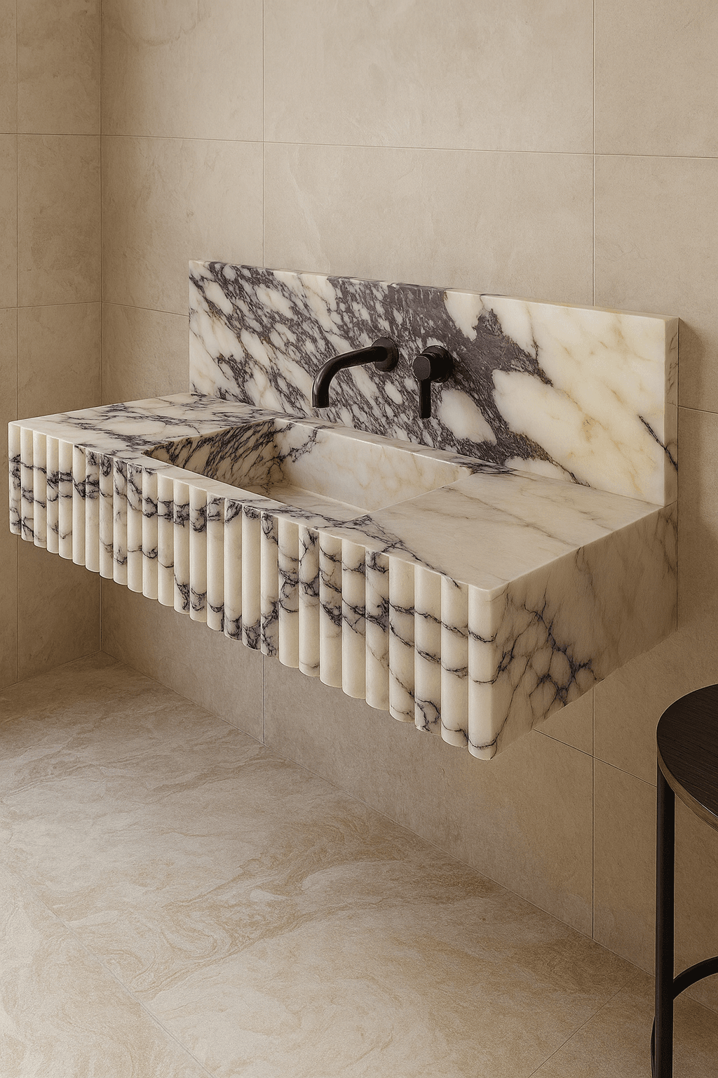 Calacatta Viola Marble Sink – Fluted Vanity with Backsplash
