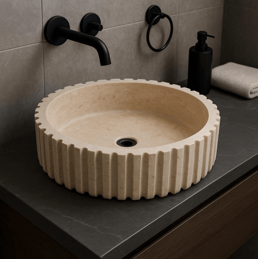 Çizgili Yüzey Bej Traverten Lavabo