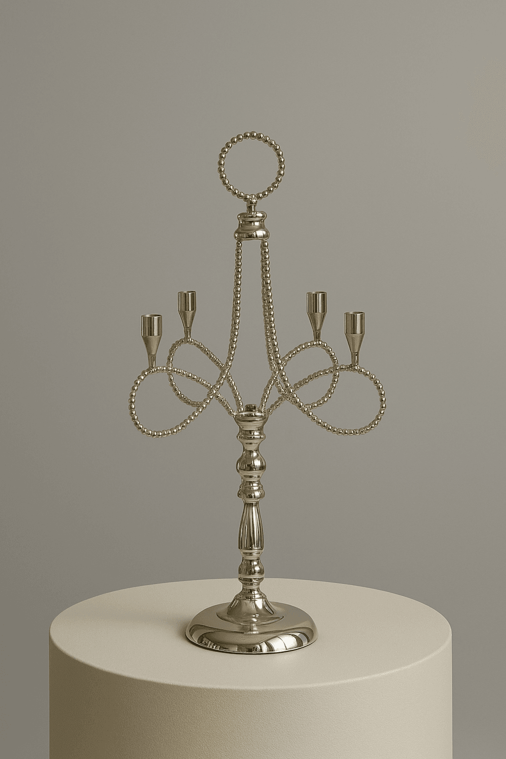 Gümüş Renk 4 Kollu Dikey Metal Şamdan – 51 cm Dekoratif Mumluk