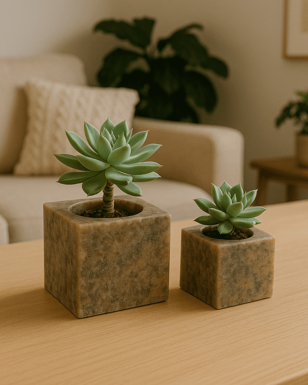 2'li Traverten Küp Saksı Seti 8x8 - 10x10 cm | Doğal Taş Dekoratif Saksı - Gri main variant image