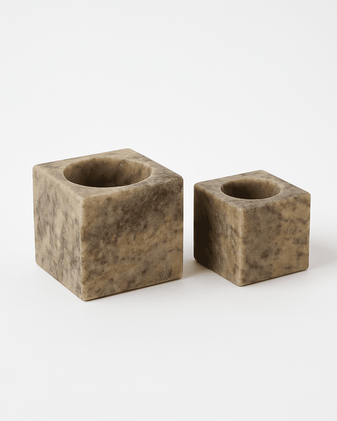 2'li Traverten Küp Saksı Seti 8x8 - 10x10 cm | Doğal Taş Dekoratif Saksı - Gri