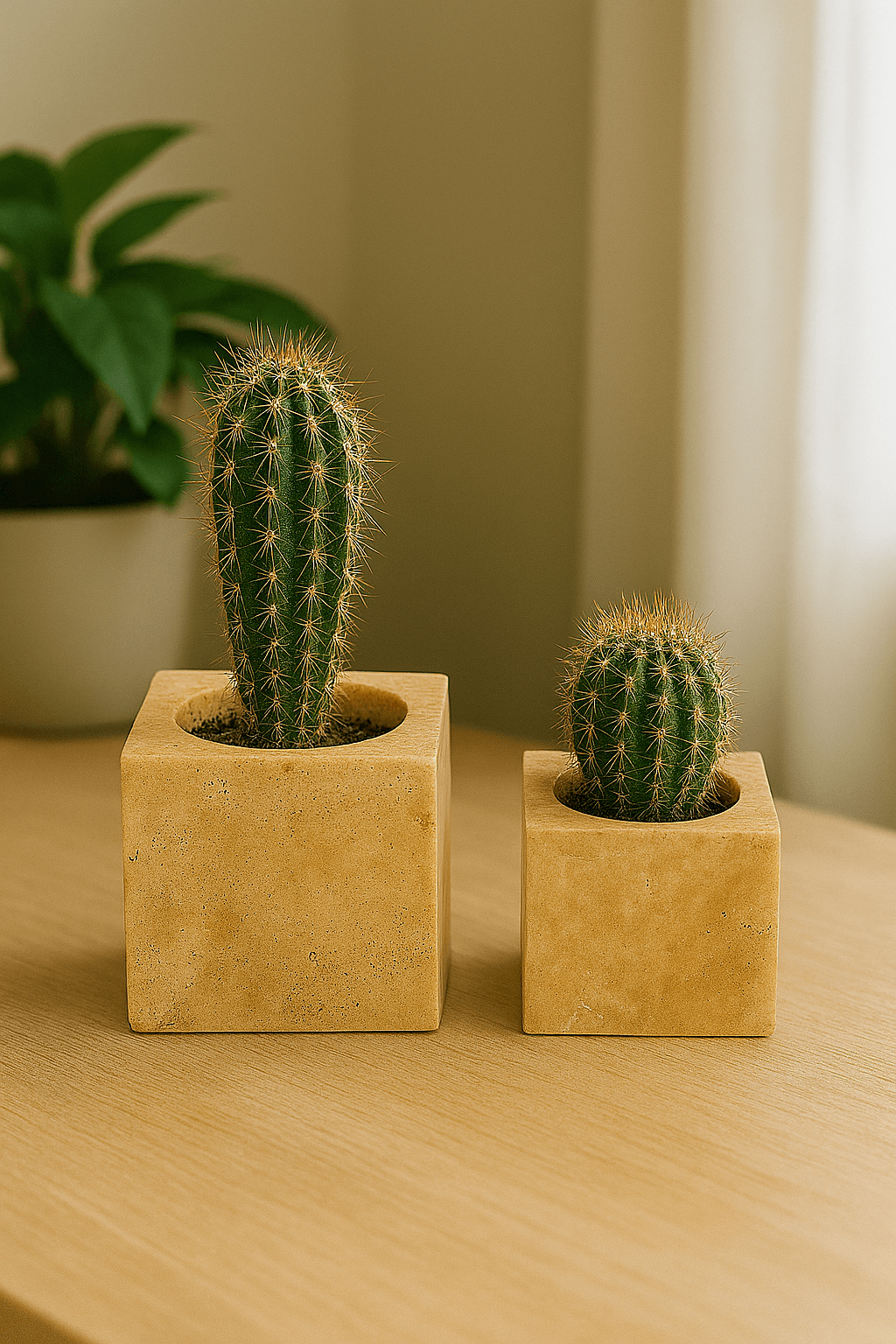 2'li Traverten Küp Saksı Seti 8x8 - 10x10 cm | Doğal Taş Dekoratif Saksı - Bej main variant image