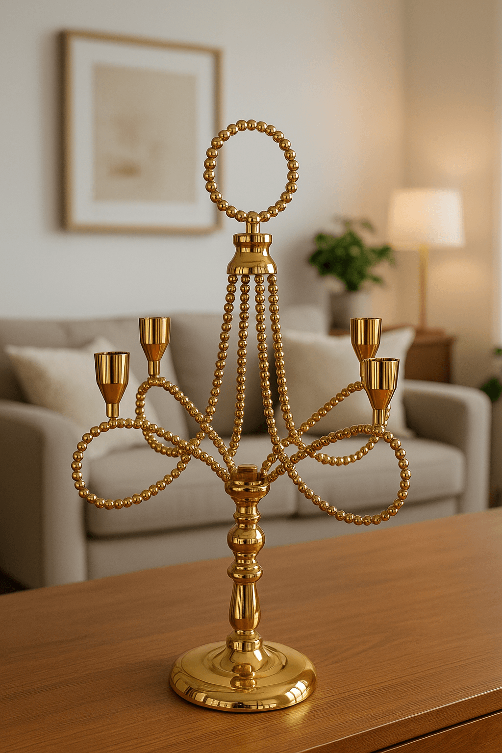 Gold Renk Beş Kollu Metal Şamdan – Modern ve Minimalist Dekoratif Mumluk