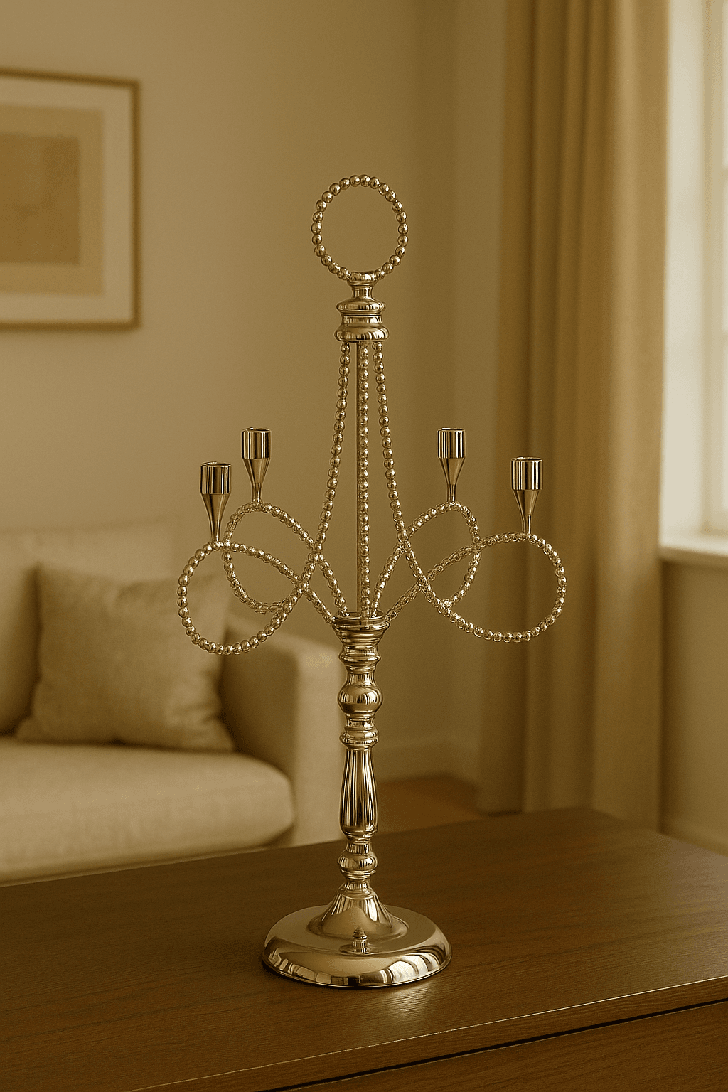 Gümüş Renk 4 Kollu Dikey Metal Şamdan – 51 cm Dekoratif Mumluk