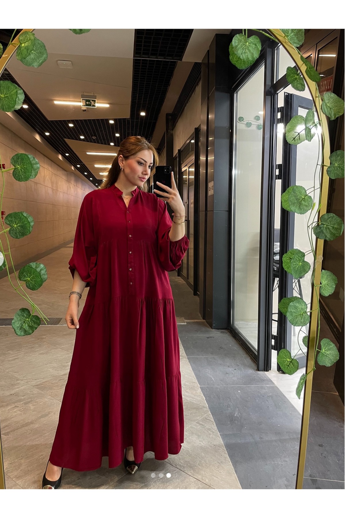 Coloria Şık ve Rahat Önü Düğmeli Uzun Elbise - kırmızı