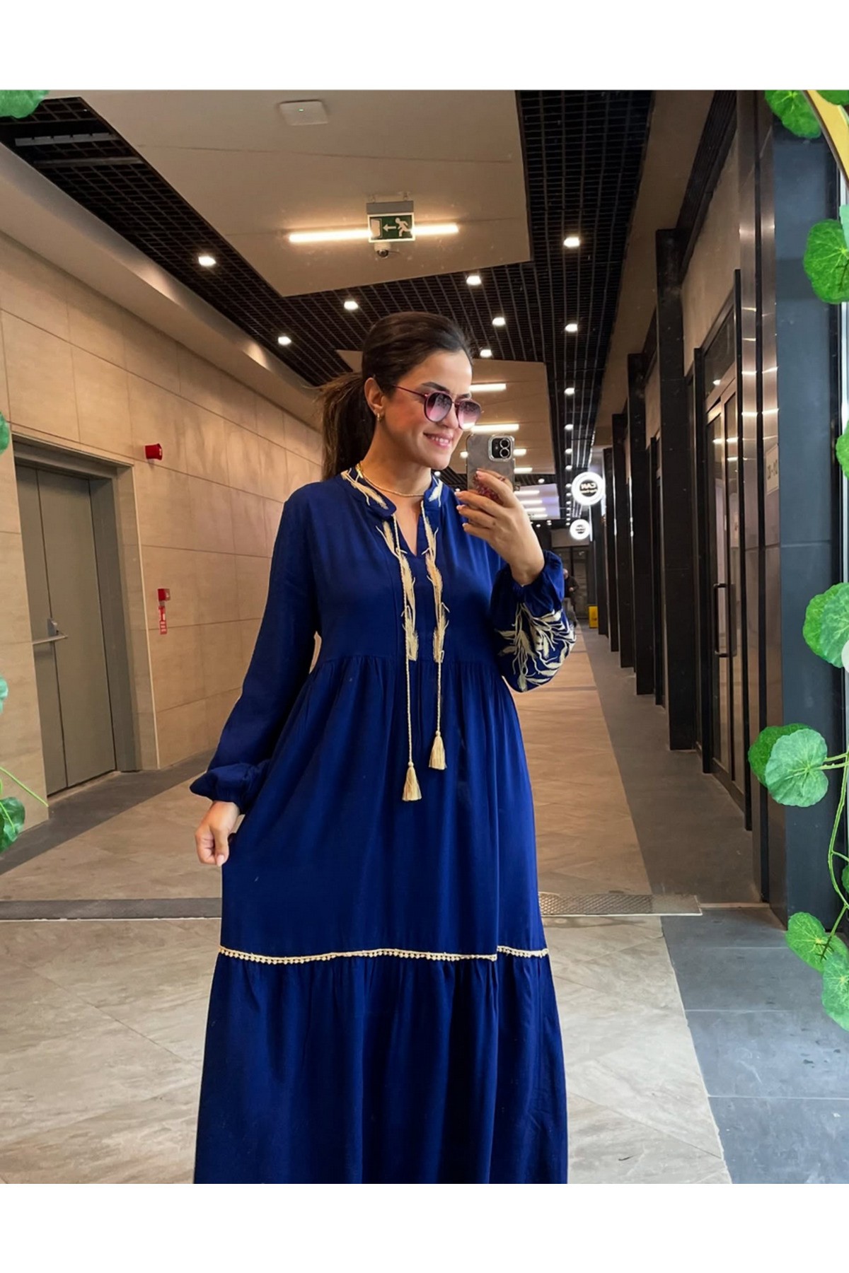 Efsun Nakış Detaylı İpli ve Bohem Kesim Elbise - lacivert