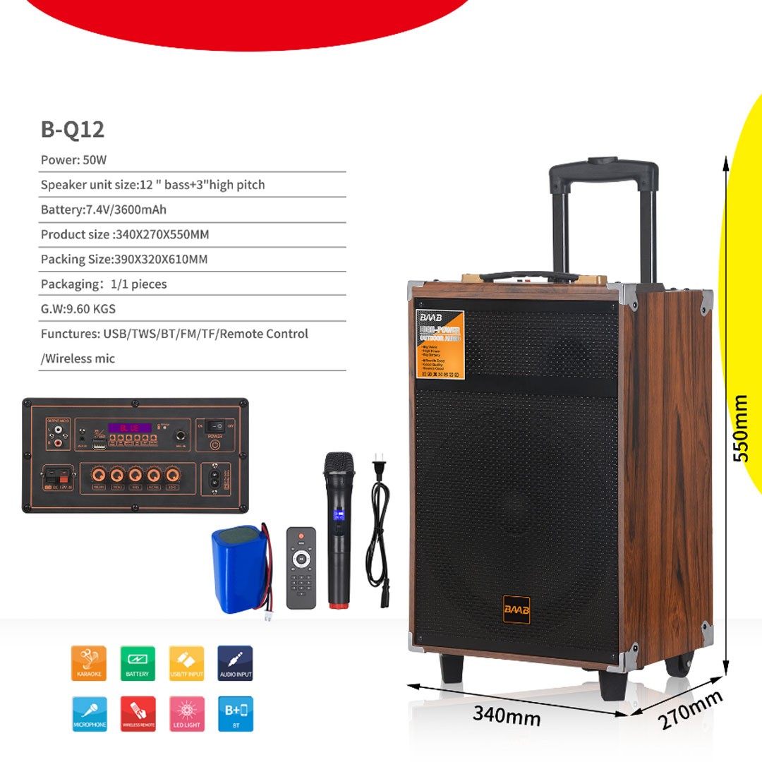 BQ12 12 İnç Taşınabilir Ahşap Bluetooth Hoparlör | Kablosuz Mikrofonlu Karaoke Sistemi, 50W Güç, Tekerlekli Büyük Boy Ses Bombası