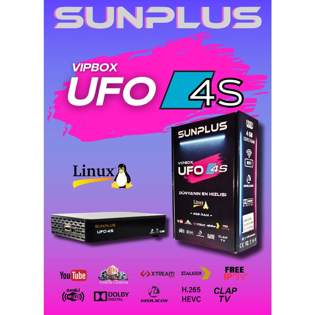 Sunplus VIPBOX UFO 4S Linux Uydu Alıcısı | 4GB RAM | Wi-Fi | YouTube | Ücretsiz IP TV