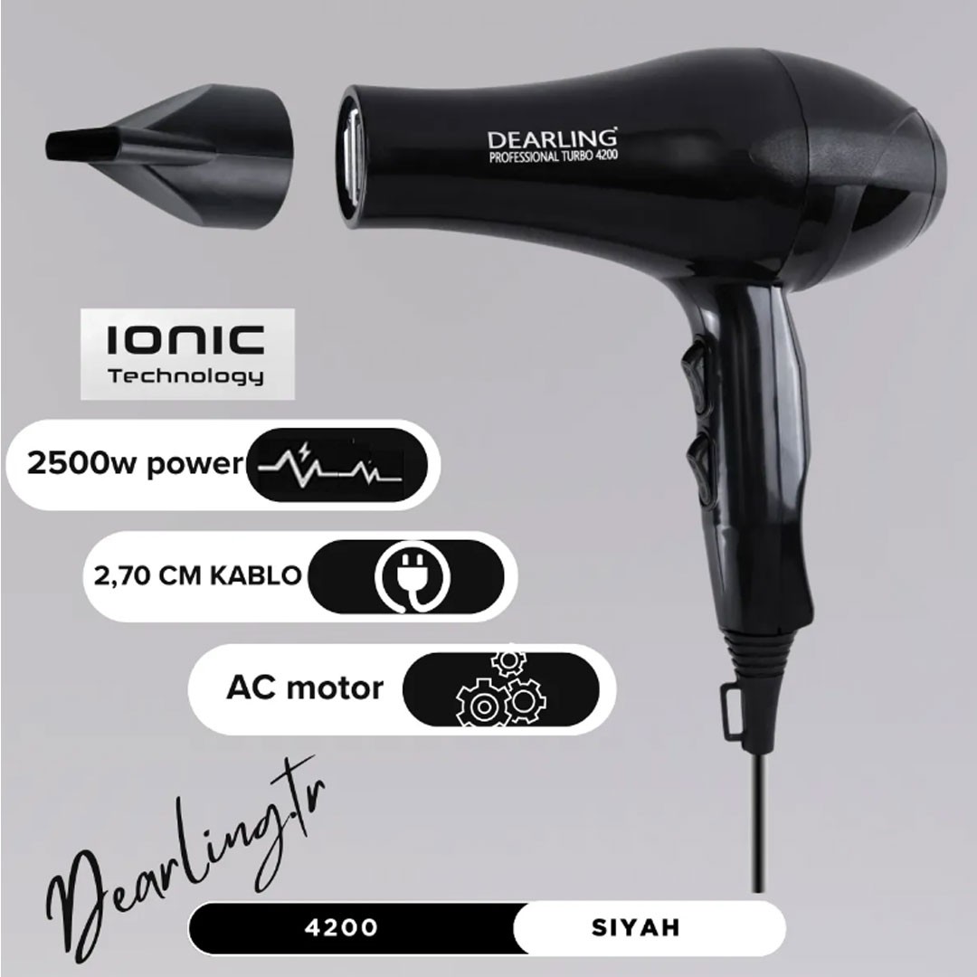 Dearling TR4200 Profesyonel Saç Kurutma Makinesi 2500W | İyonlu, 2 Hız & Isı Ayarlı, 2 Başlıklı Fön Makinesi
