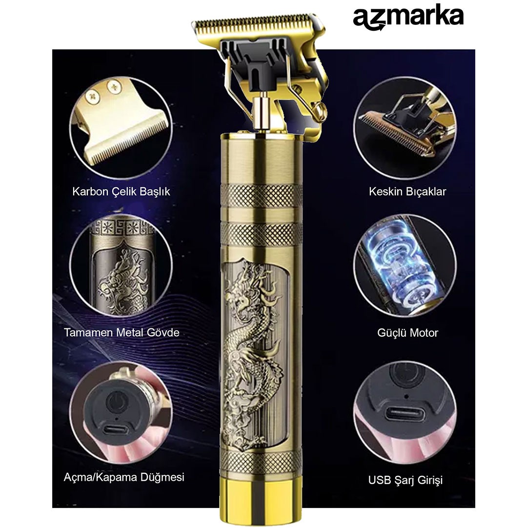 CP-0603 T Bıçak Şarjlı Saç Sakal Ense Tıraş Makinesi – Epilasyon Öncesi Kullanım, Sessiz Güçlü Motor, USB Şarj, Su Geçirmez, 4 Taraklı