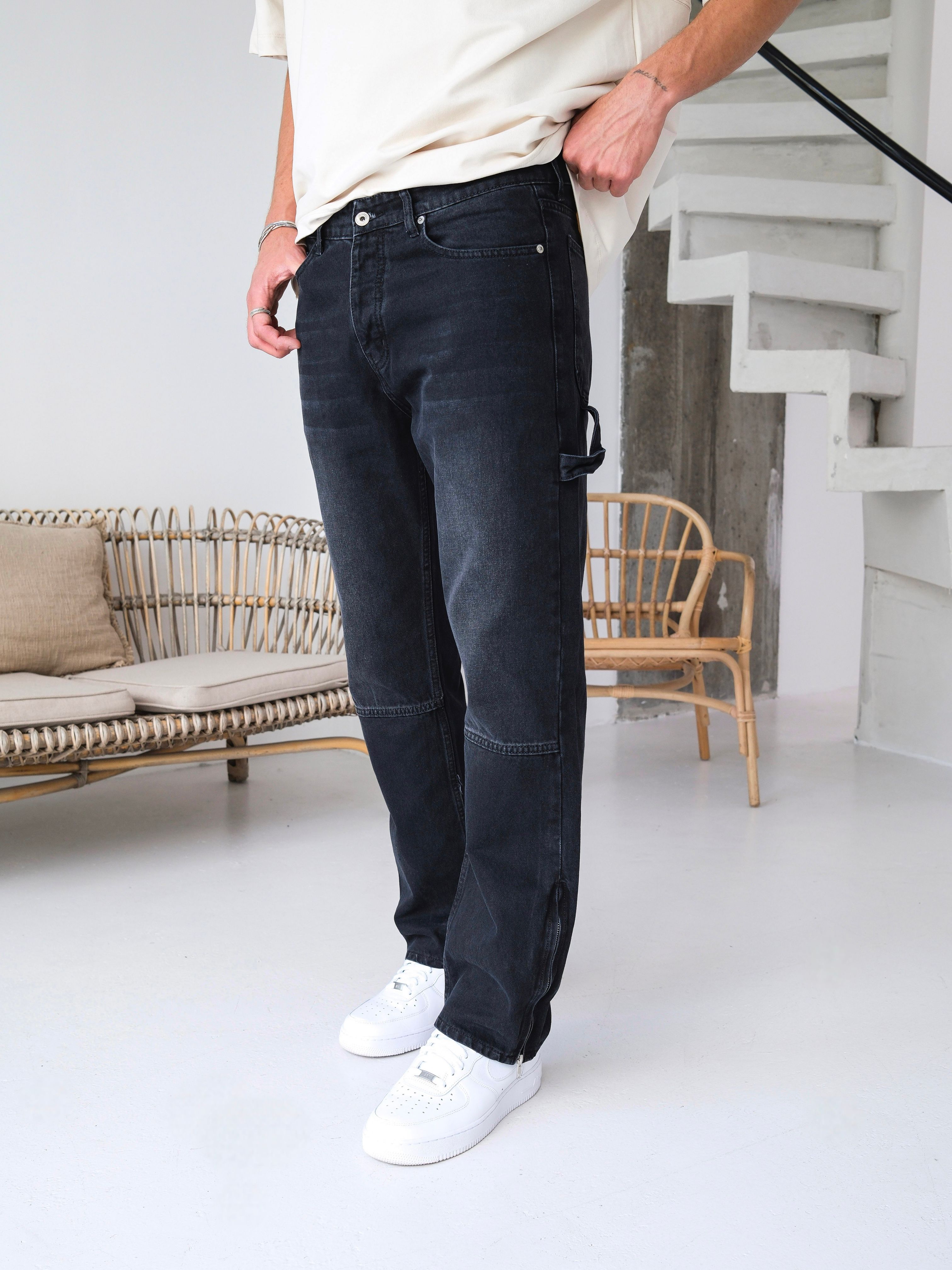 Baggy Kalıp Paçası Fermuar Detaylı Kot Pantolon