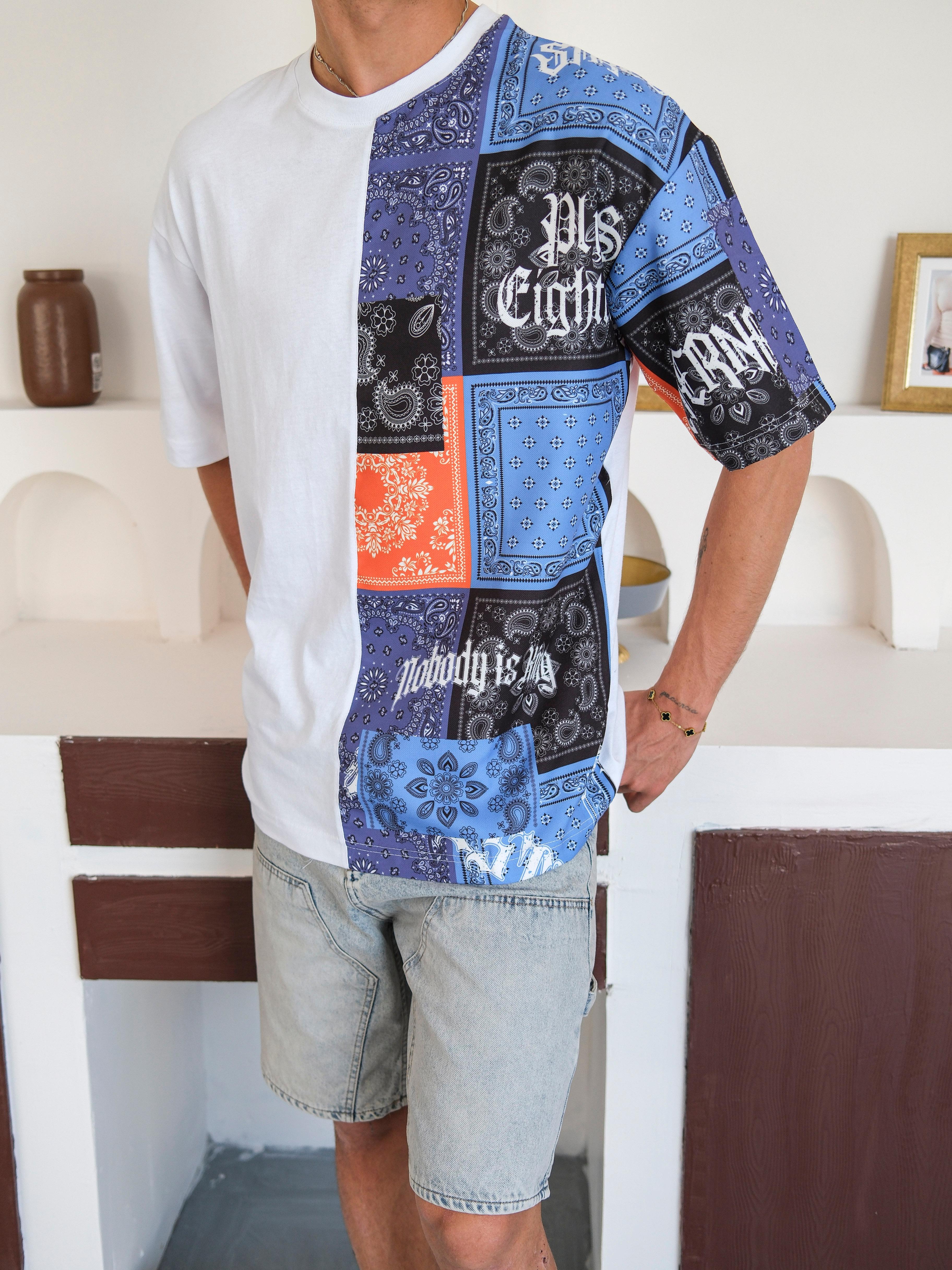 Oversize Desenli Tasarım Tshirt - Beyaz