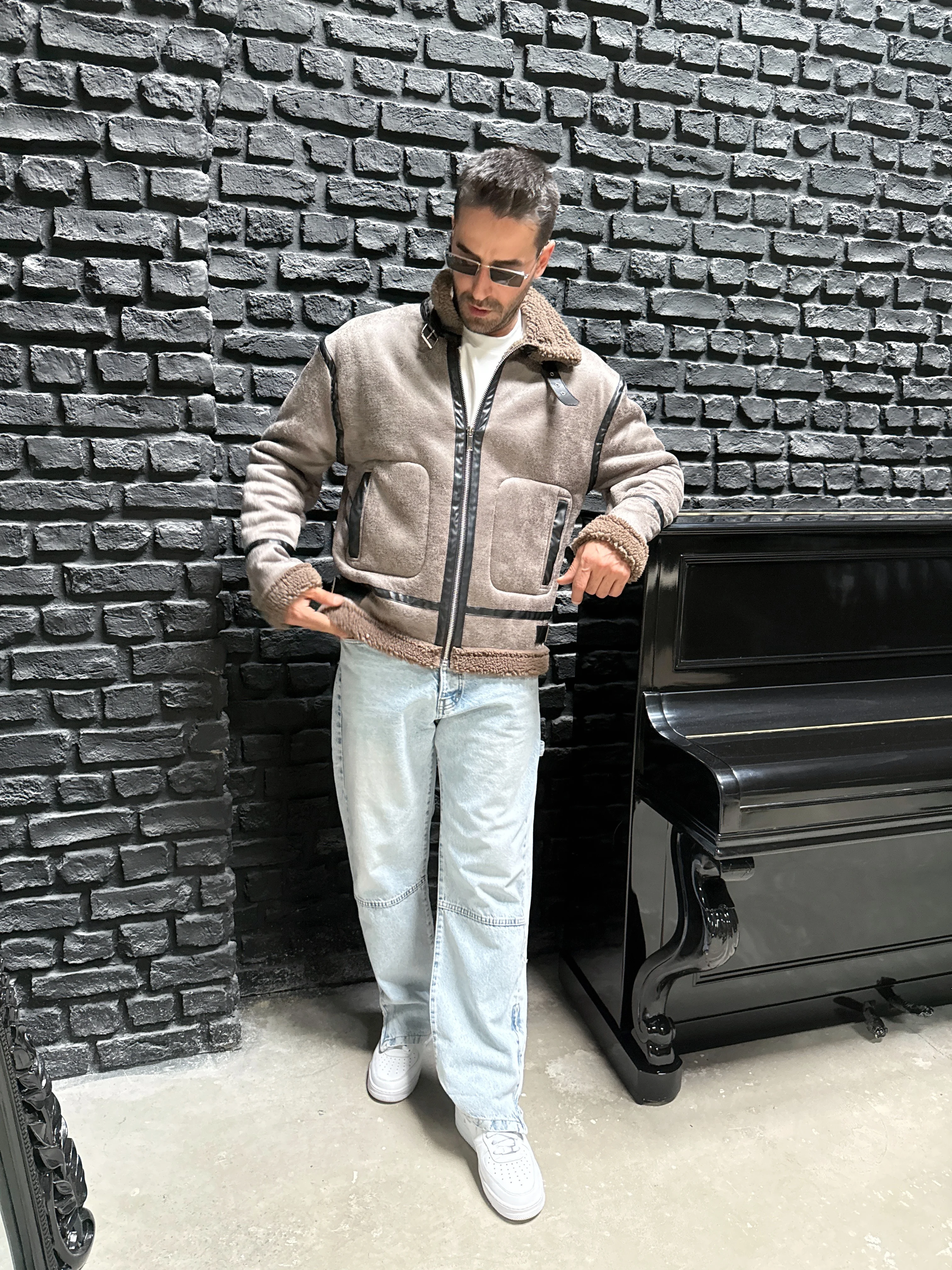 Kürk Detaylı Deri Mont - Gri Kahve