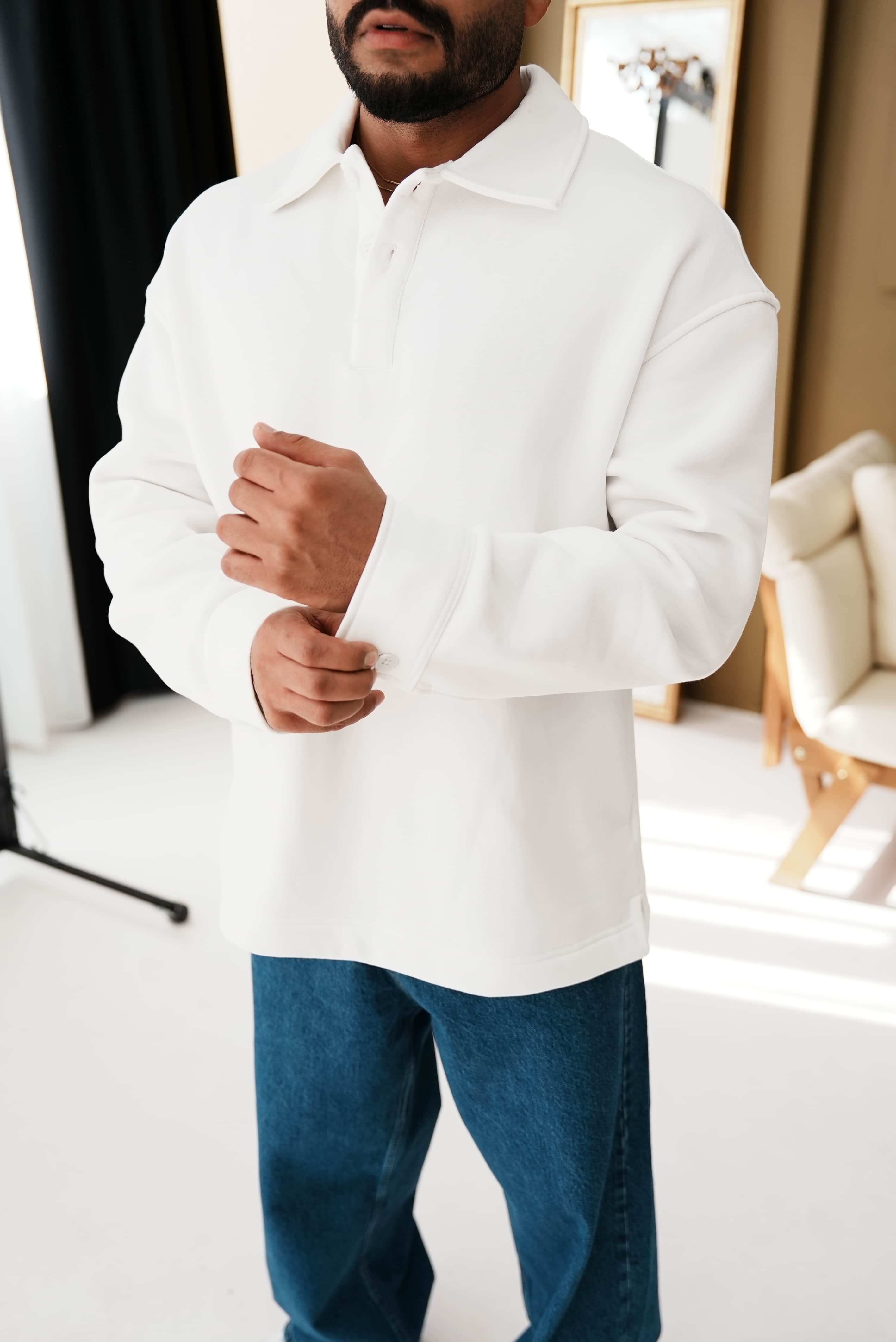 Oversize Polo Yaka Sweatshirt - Beyaz