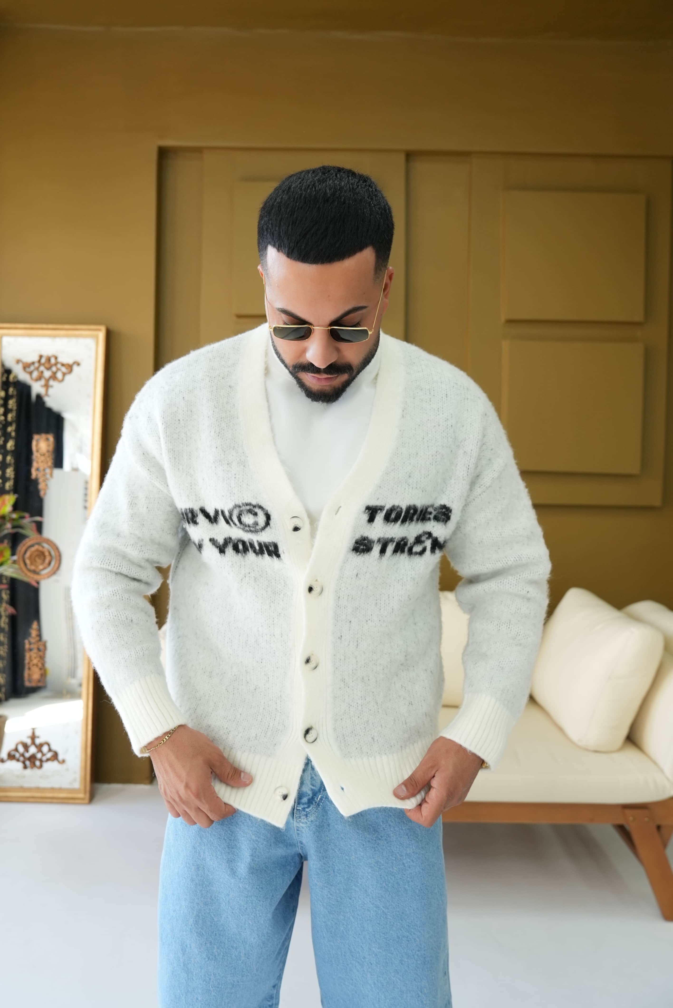 Yazı Detaylı Oversize Hırka - Beyaz