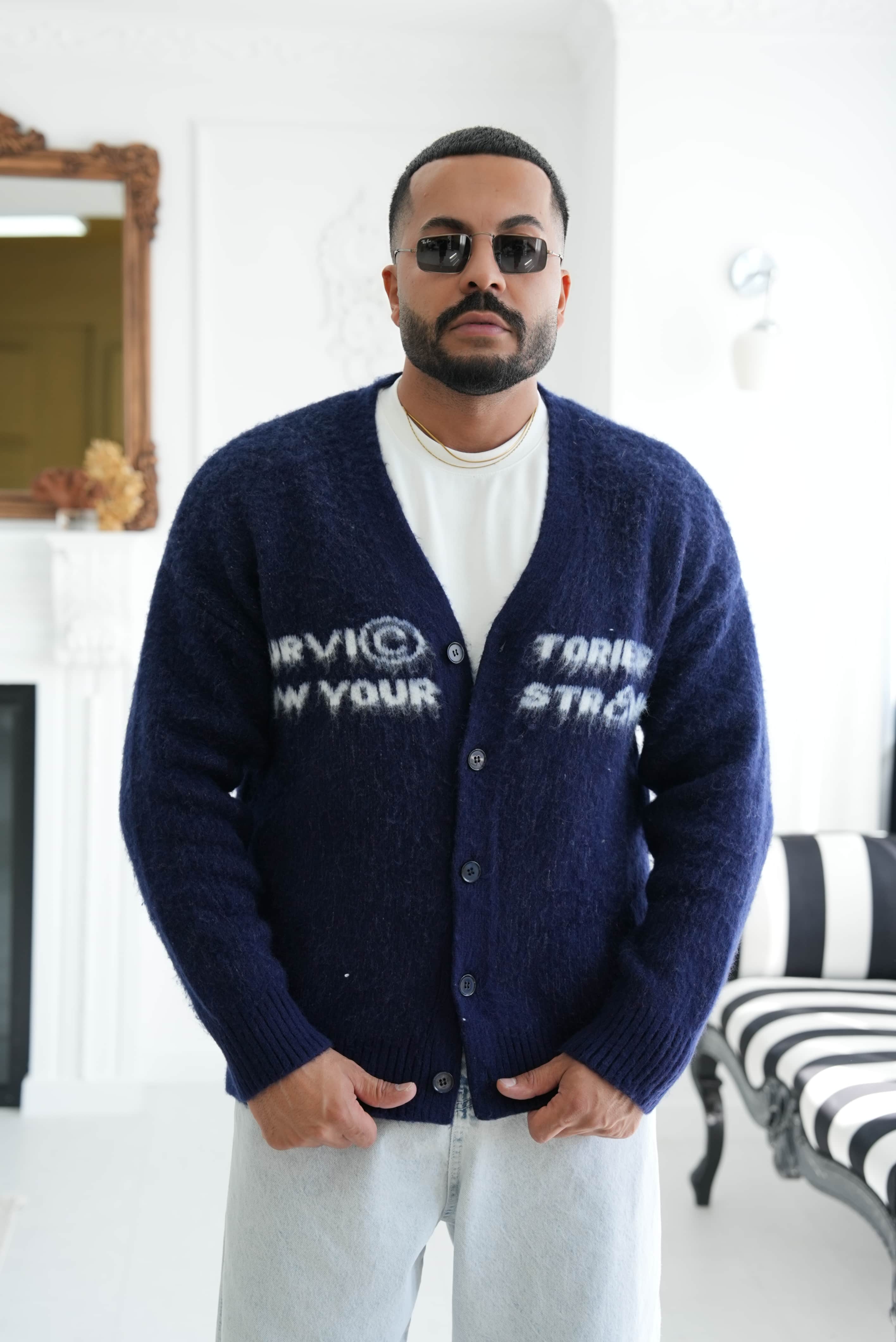 Yazı Detaylı Oversize Hırka - Lacivert