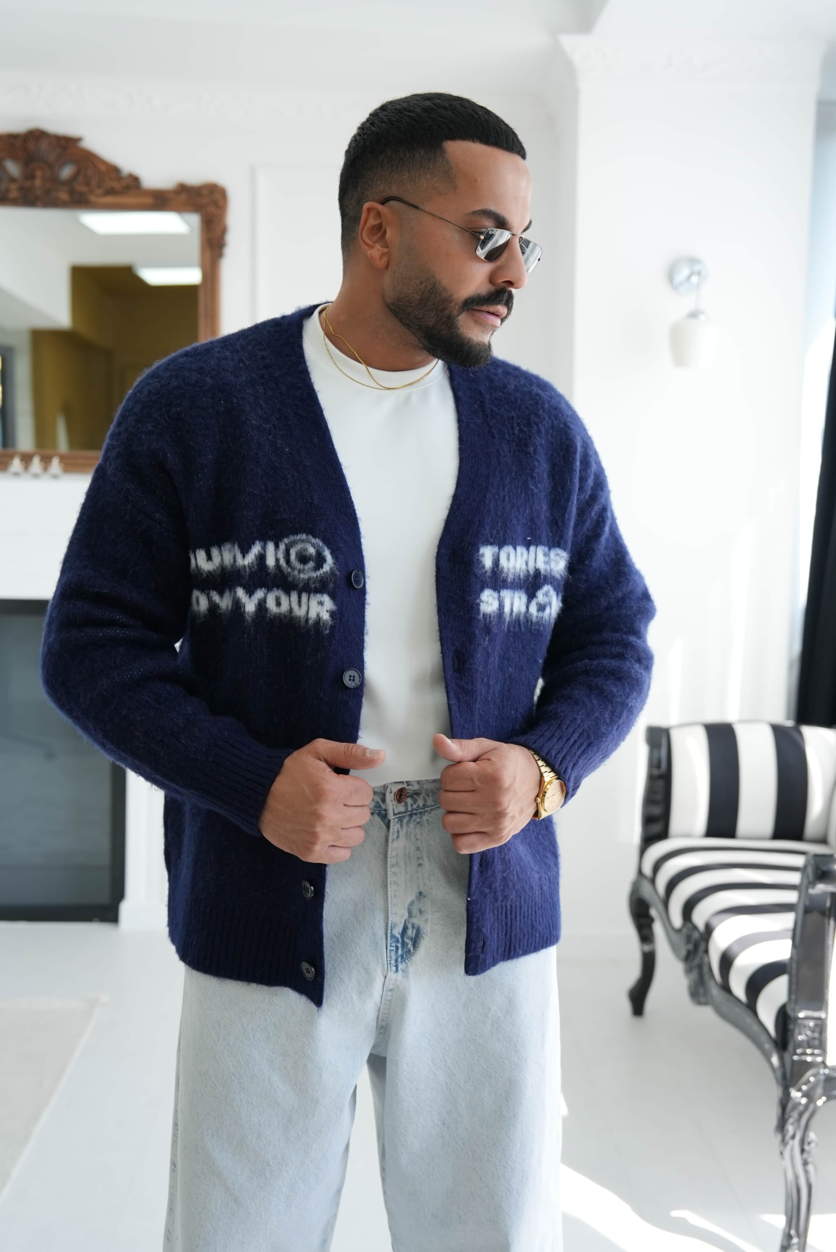 Yazı Detaylı Oversize Hırka