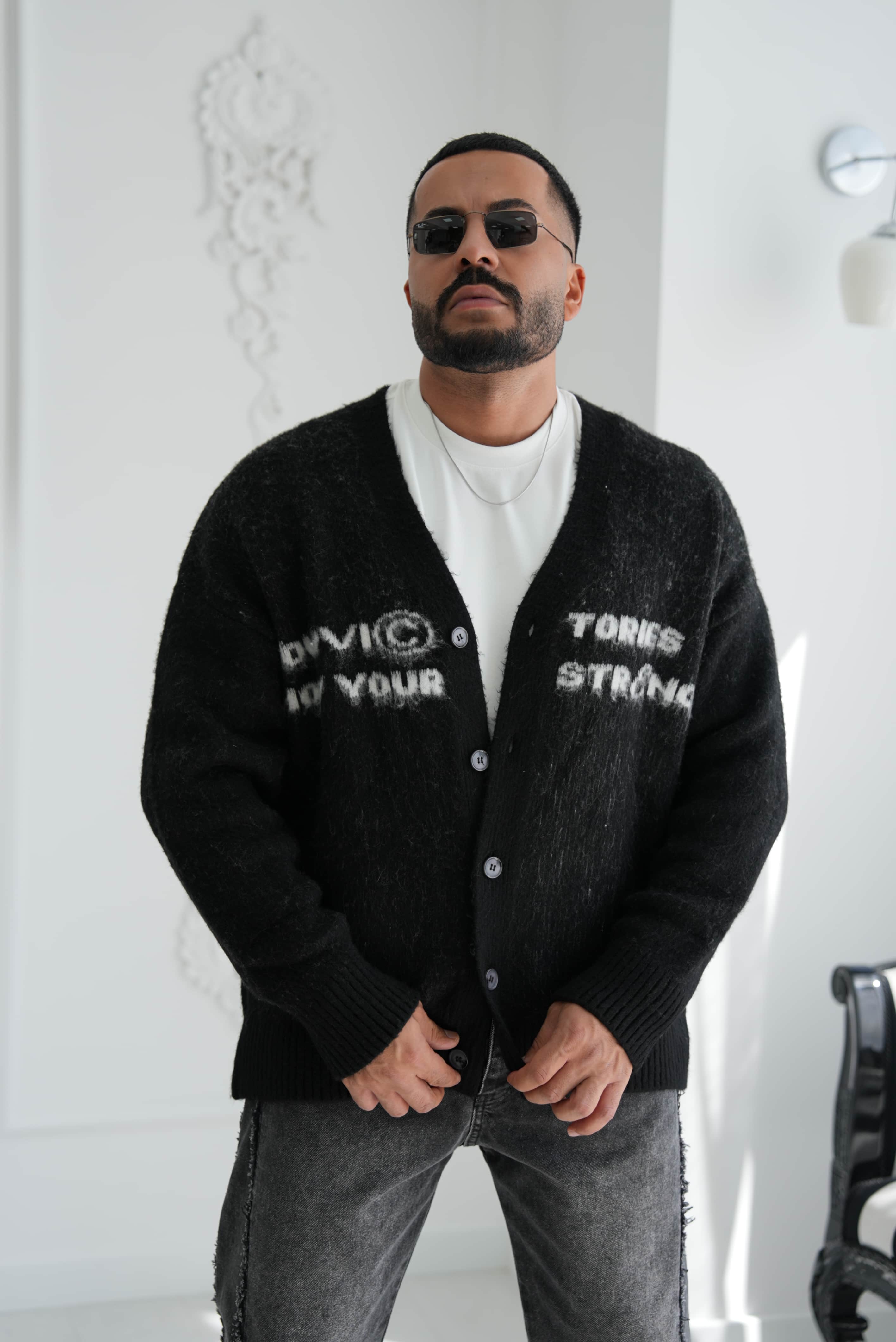 Yazı Detaylı Oversize Hırka - Siyah