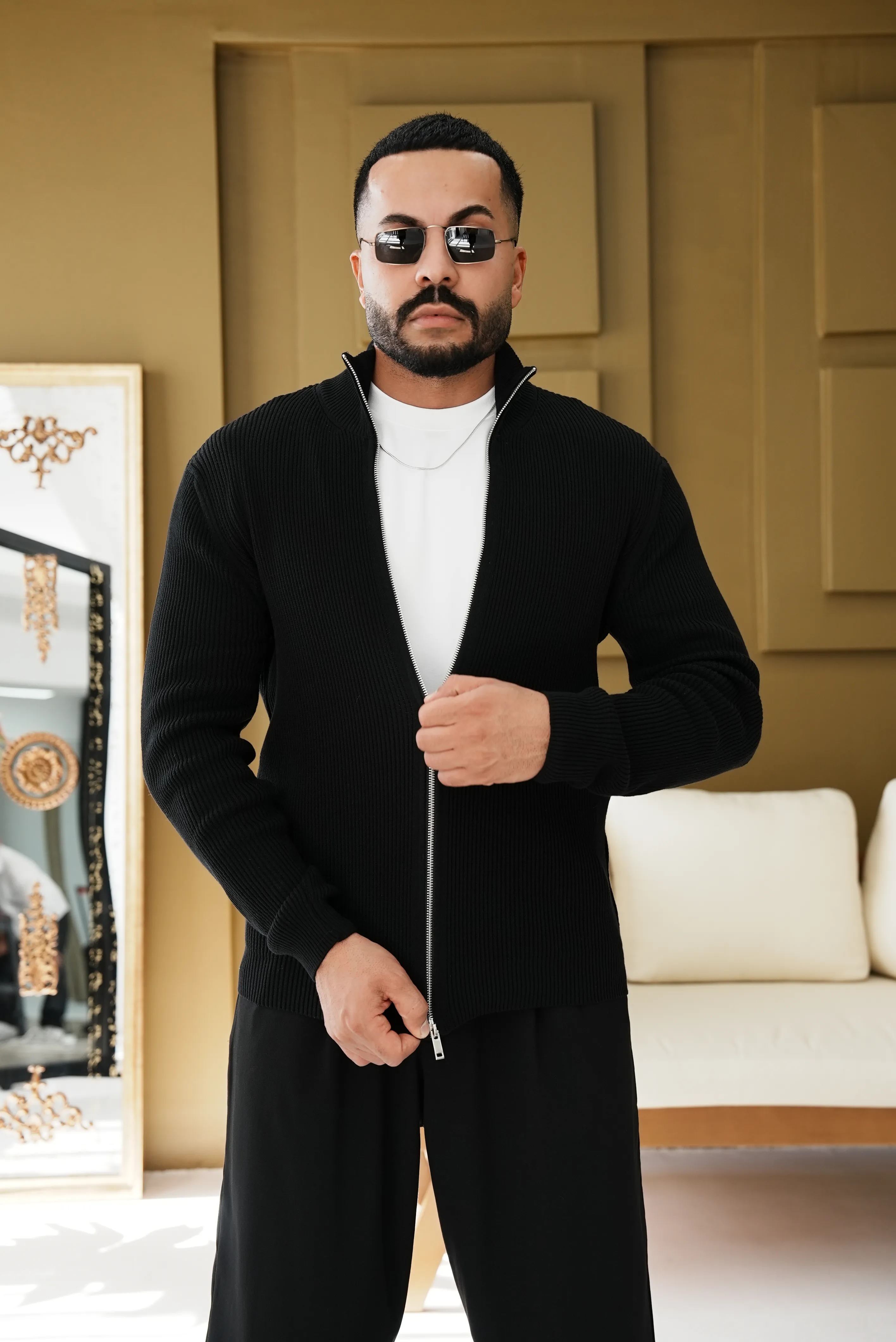 Çift Fermuarlı Yarım Yaka Triko Hırka